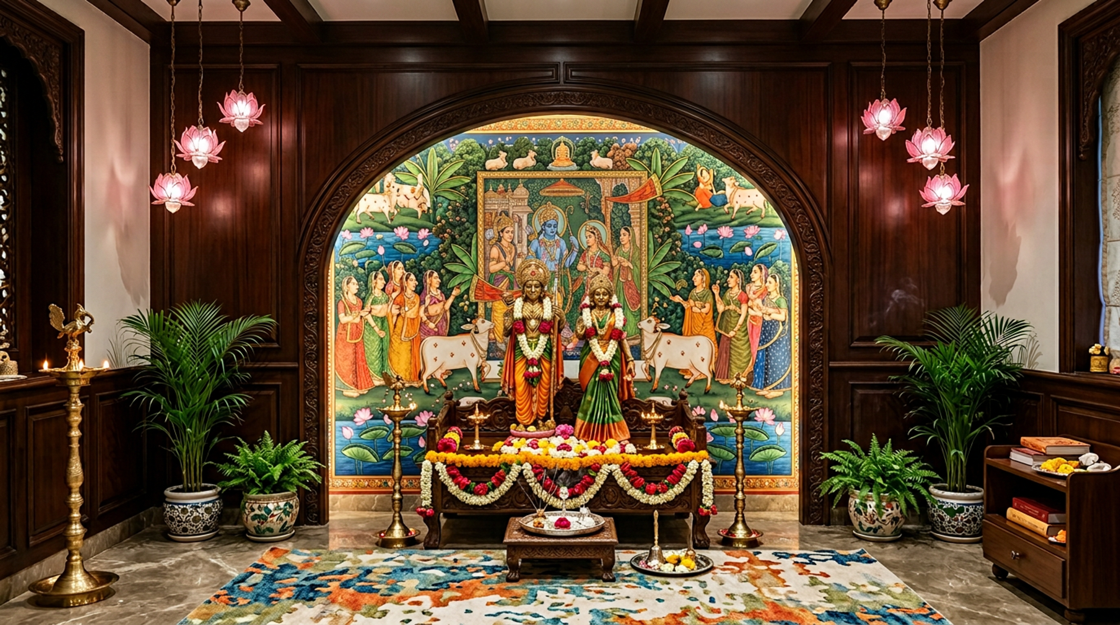 Classic Brown Pooja Room Design with Hand Painted Mythological Mural