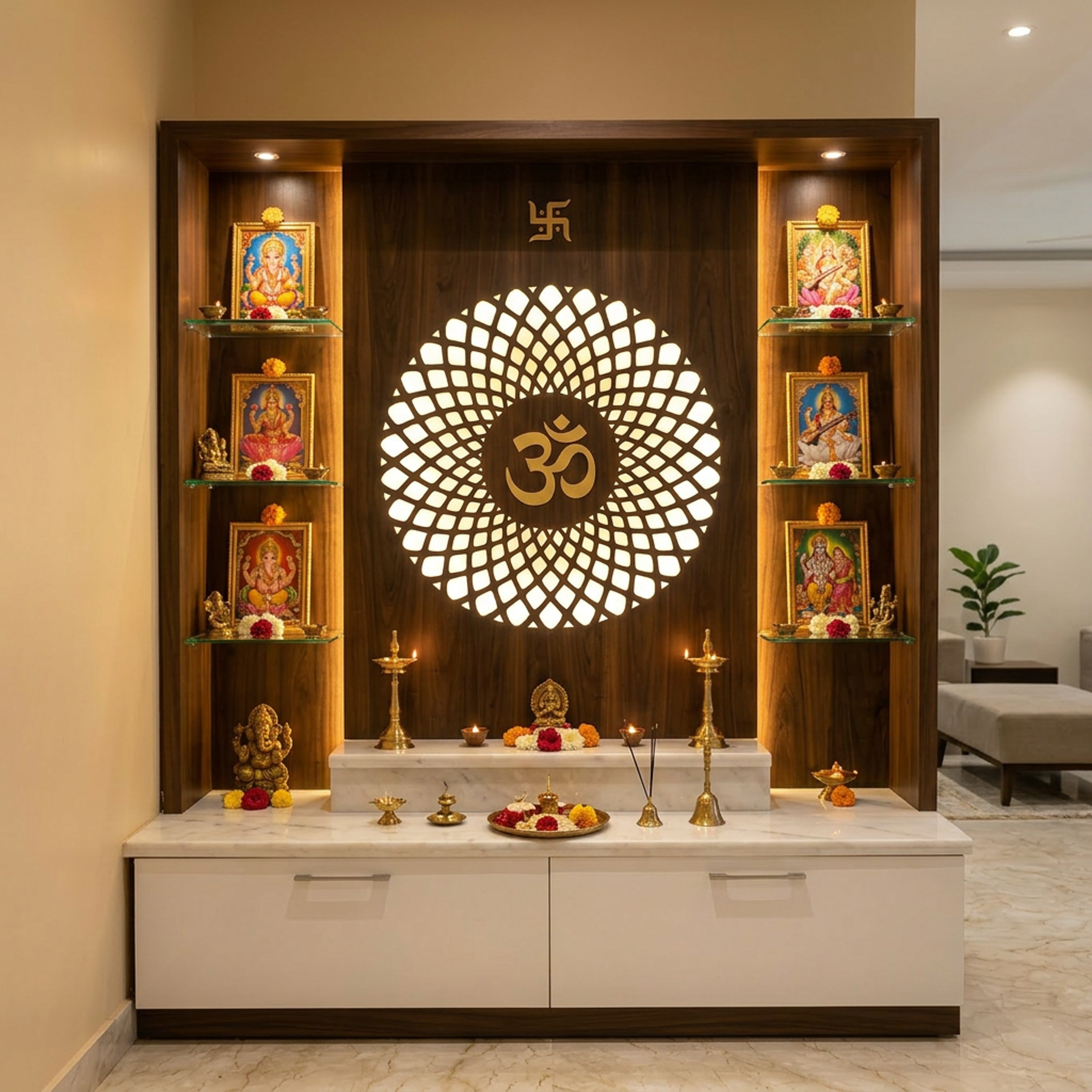 Contemporary Pooja Room Design with Backlit Circular Om Cutout and Floating Glass Shelves
