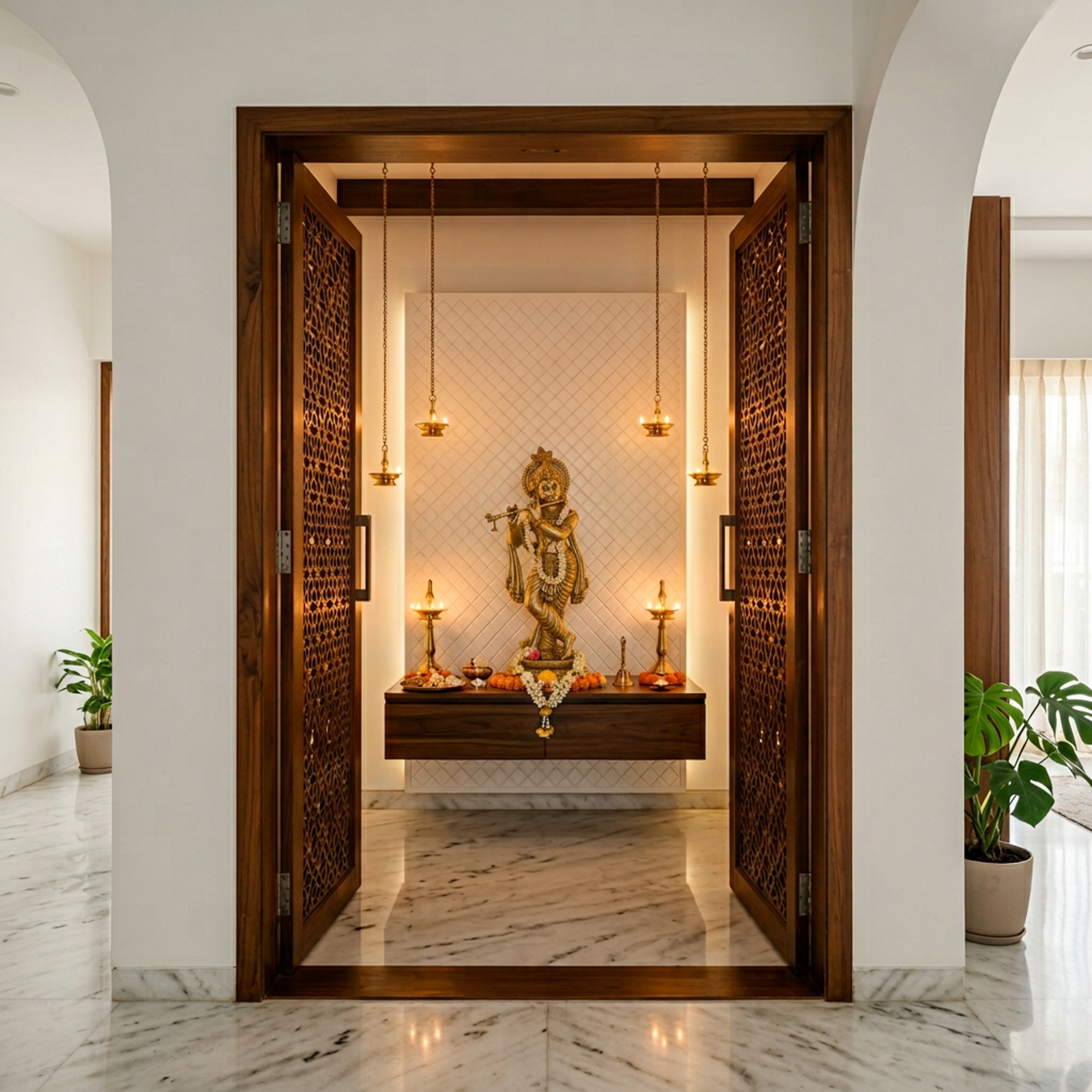 Modern Walnut Bronze Pooja Room Design with Geometric Jaali Wooden Door
