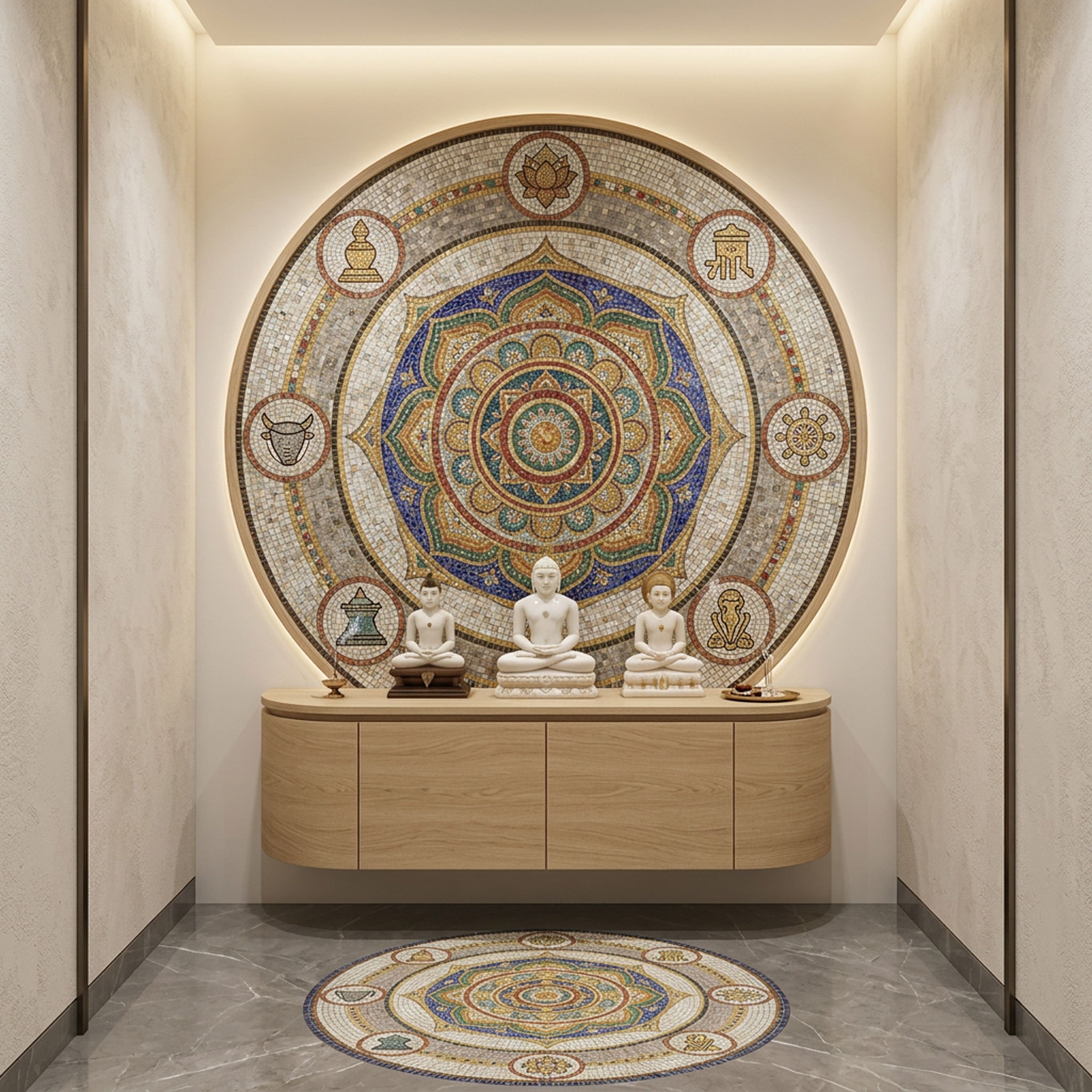 Contemporary Pooja Room Design with Mandala Art and Wooden Base