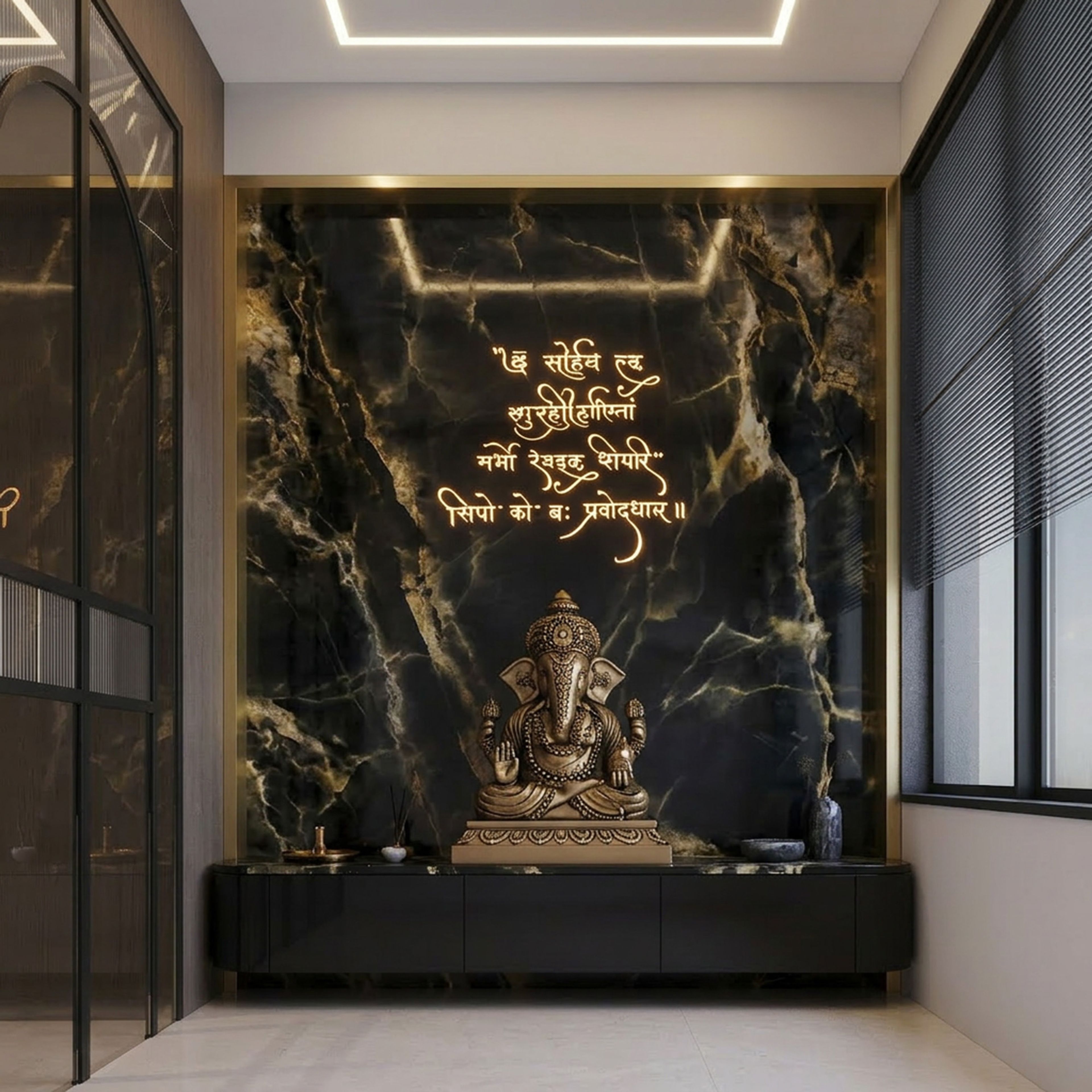 Charcoal Modern Pooja Design with Neon Sign and Black Marble Wall