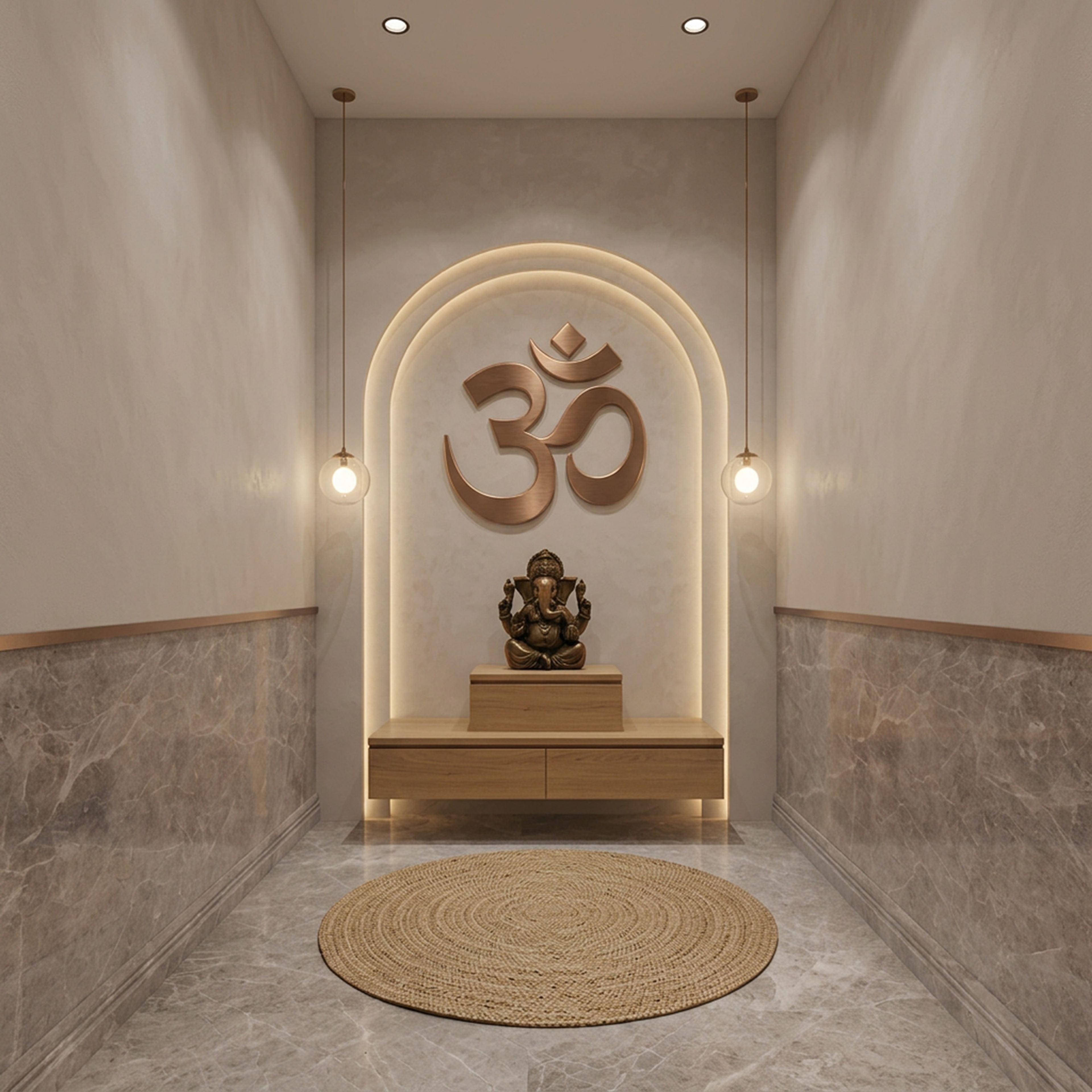 Minimal Pooja Design with Arched Bronze Om Symbol and Globe Pendants