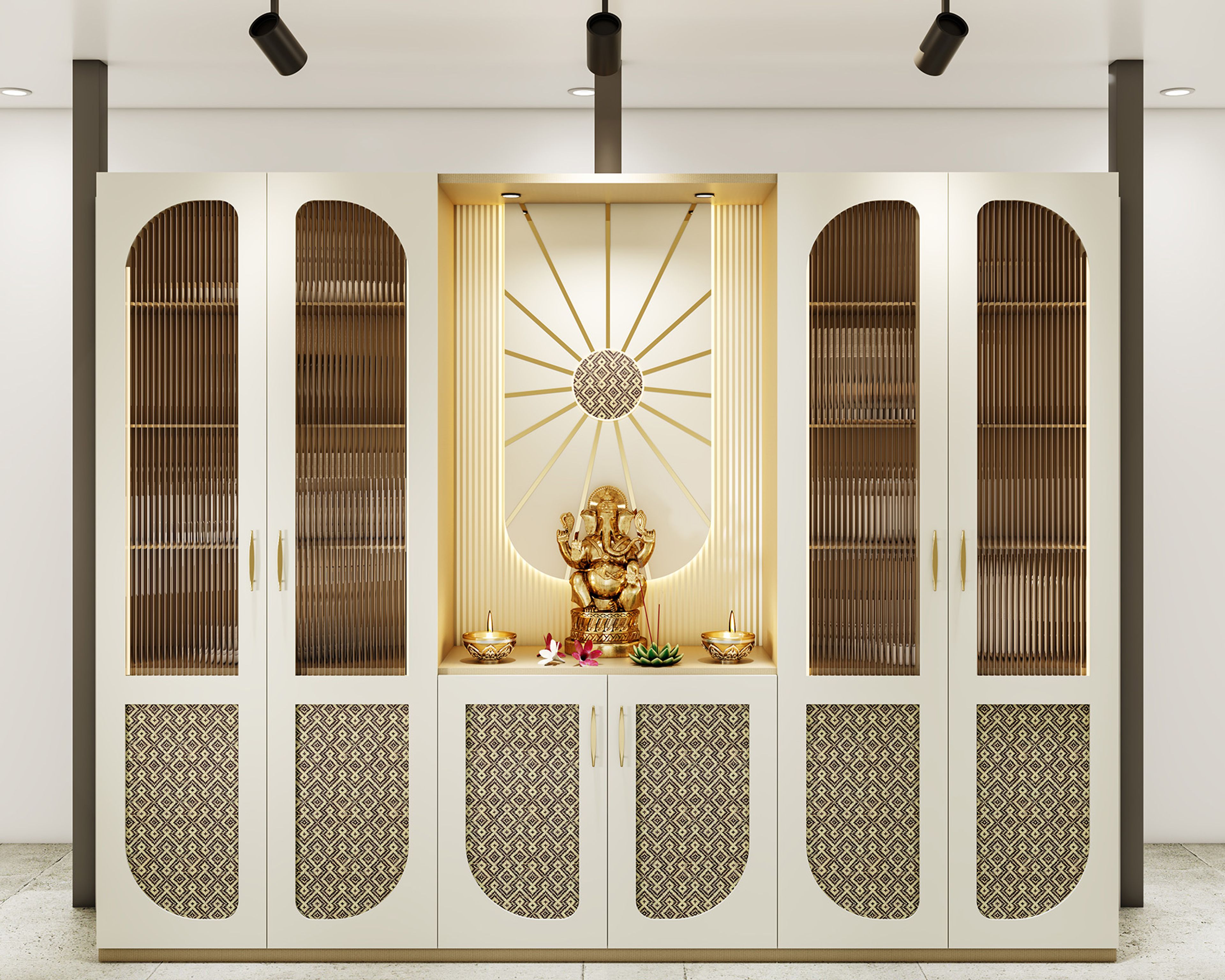 Transitional Pooja Design with Sunburst Motif and Cream Gold Cabinets