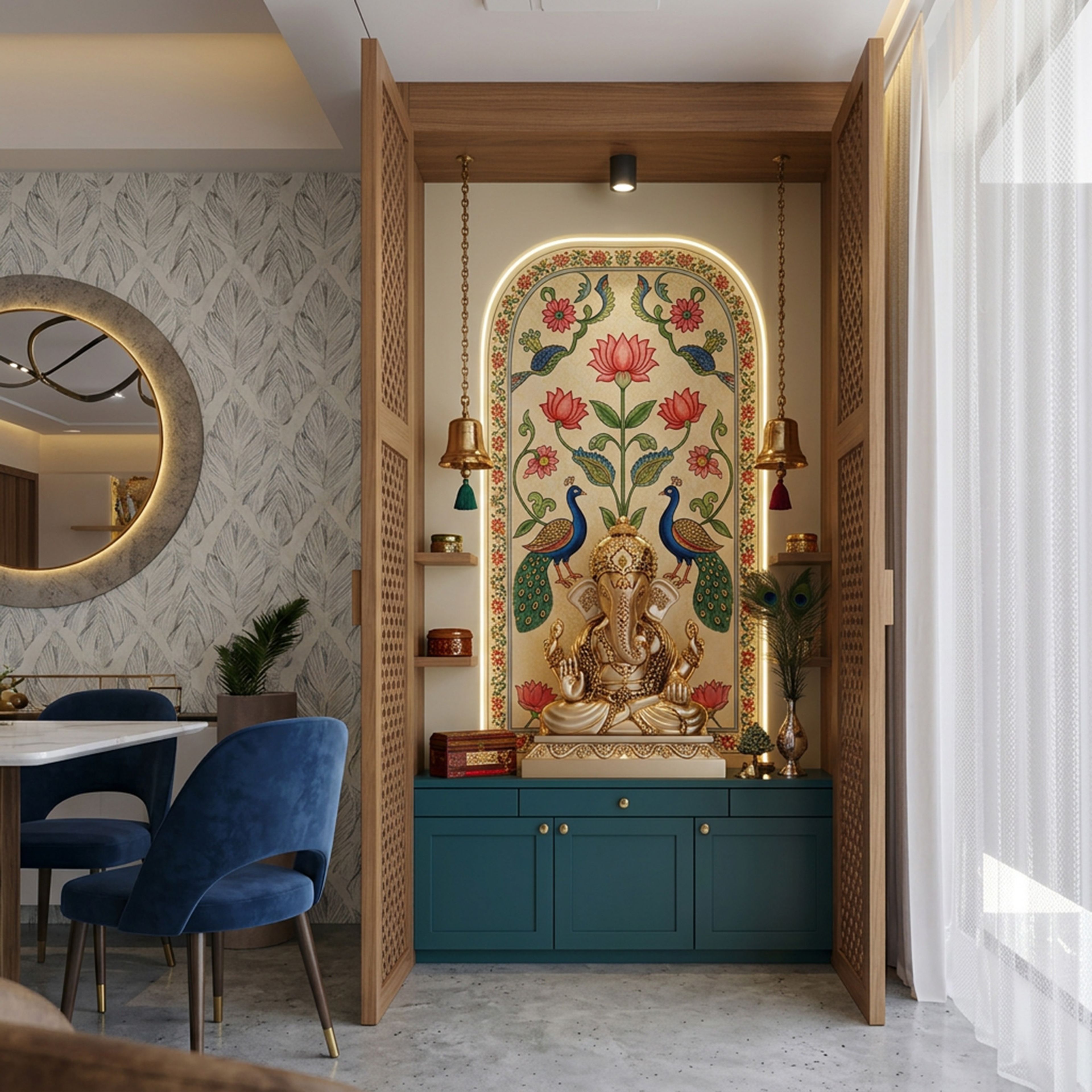 Traditional Pooja Room Design with Teal Cabinet and Ganesha Idol