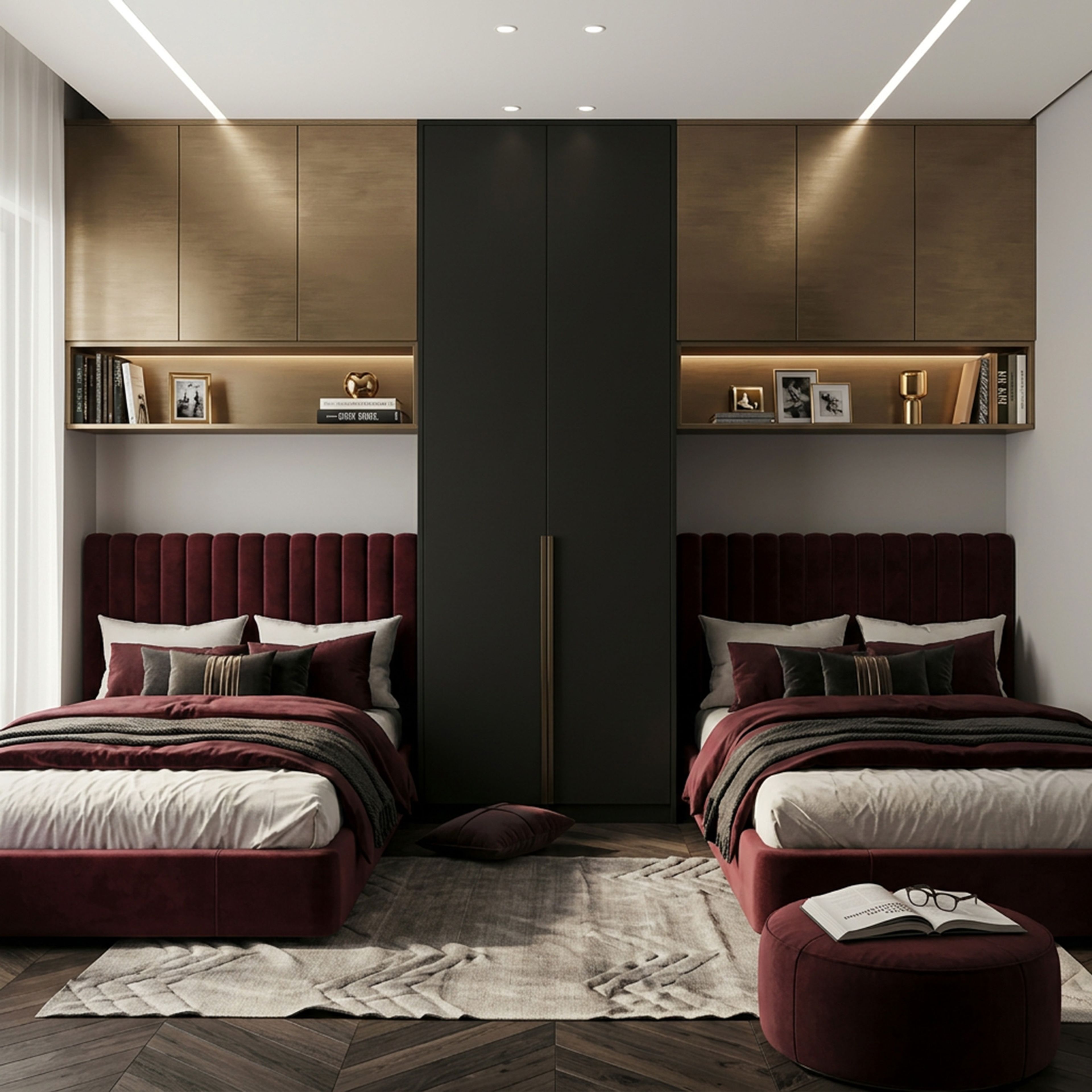 Space Saving Kids Bedroom Design with Dual Beds and Wardrobe