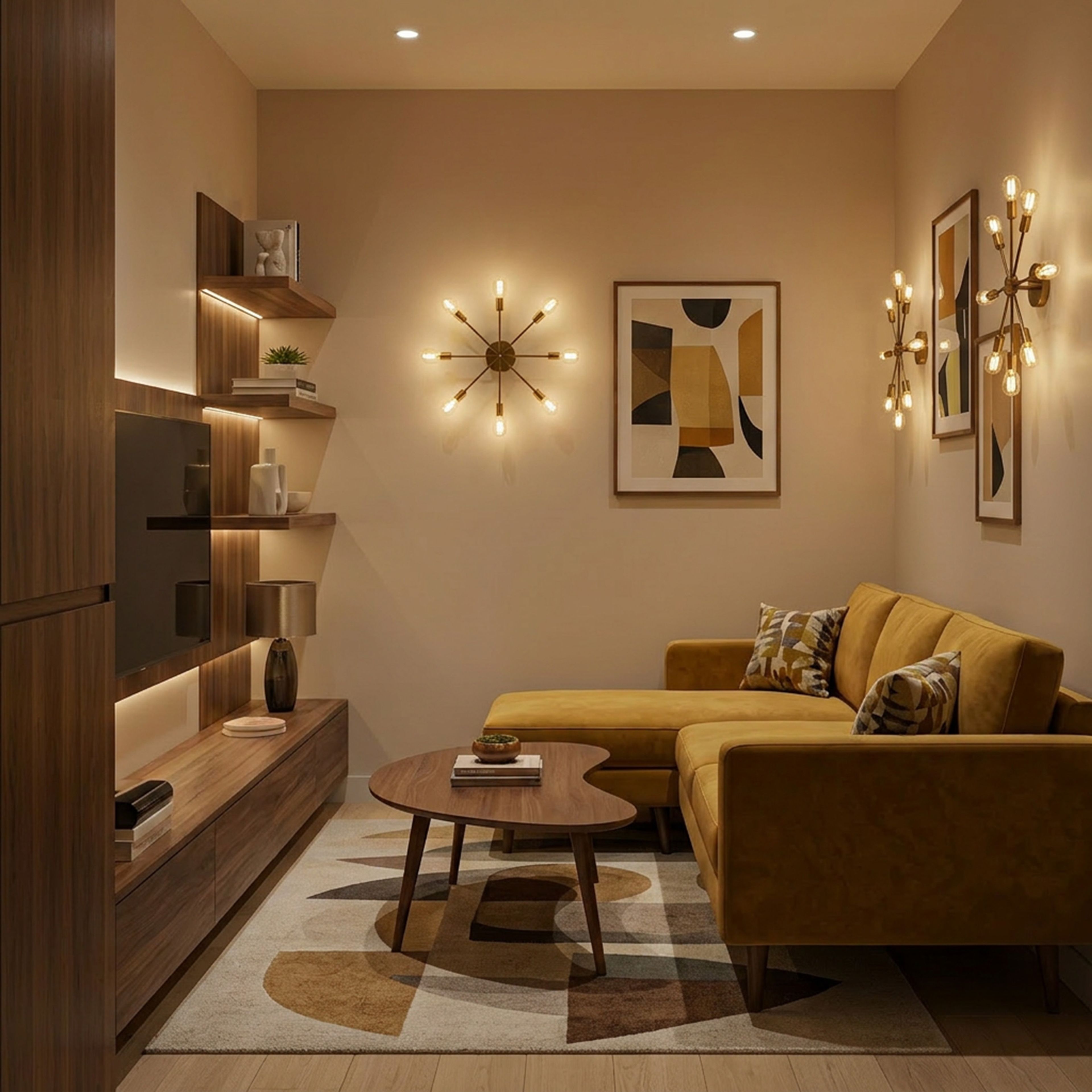 Space Saving Living Room Design with Floating Shelves and L-Shaped Sofa