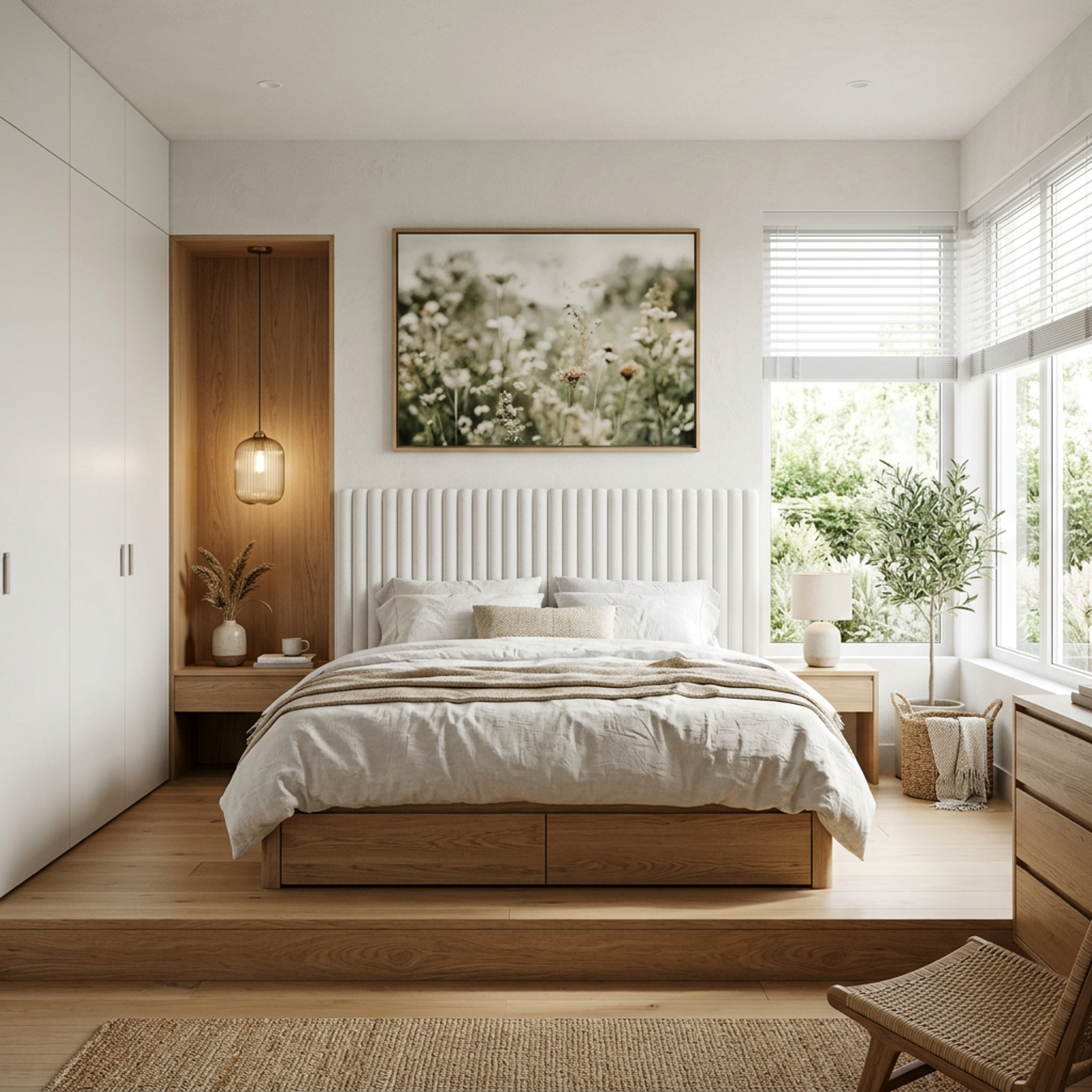 Bedroom Space Saving Design with Wardrobes and Platform Bed with Drawers