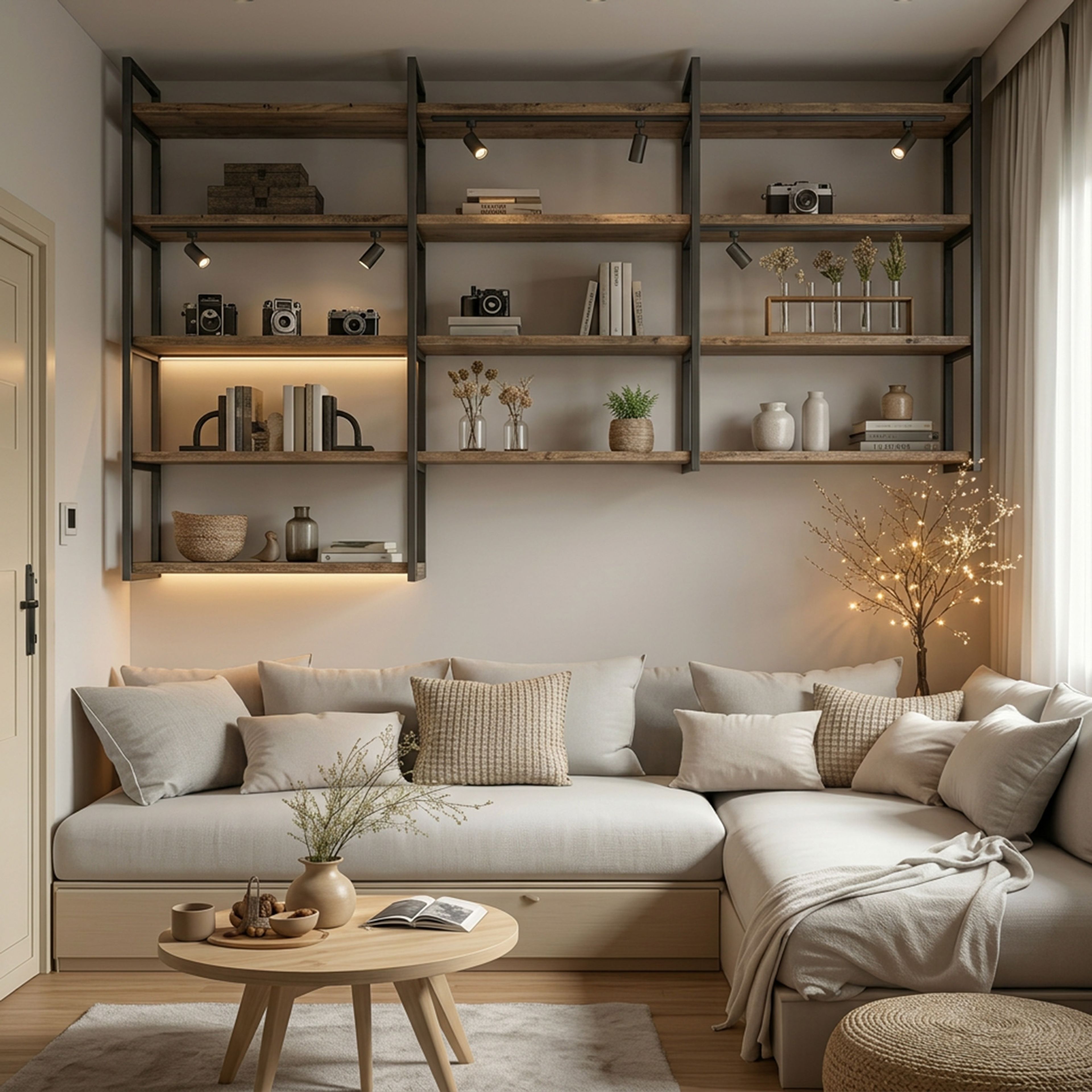 Living Room Space Saving Design with Wall Mounted Open Shelving Setup