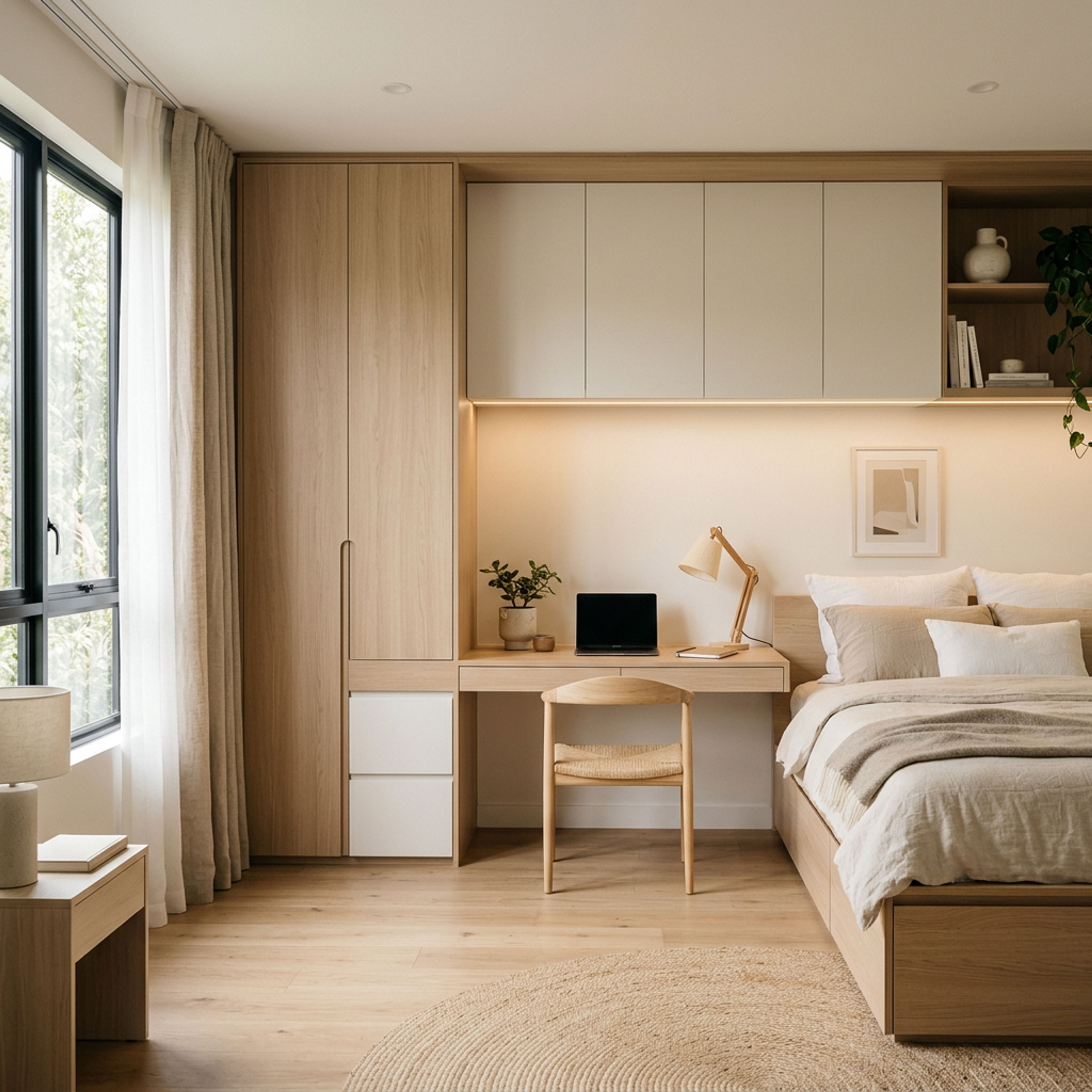 Space Saving Design with Wardrobe Drawers and Overhead Cabinets