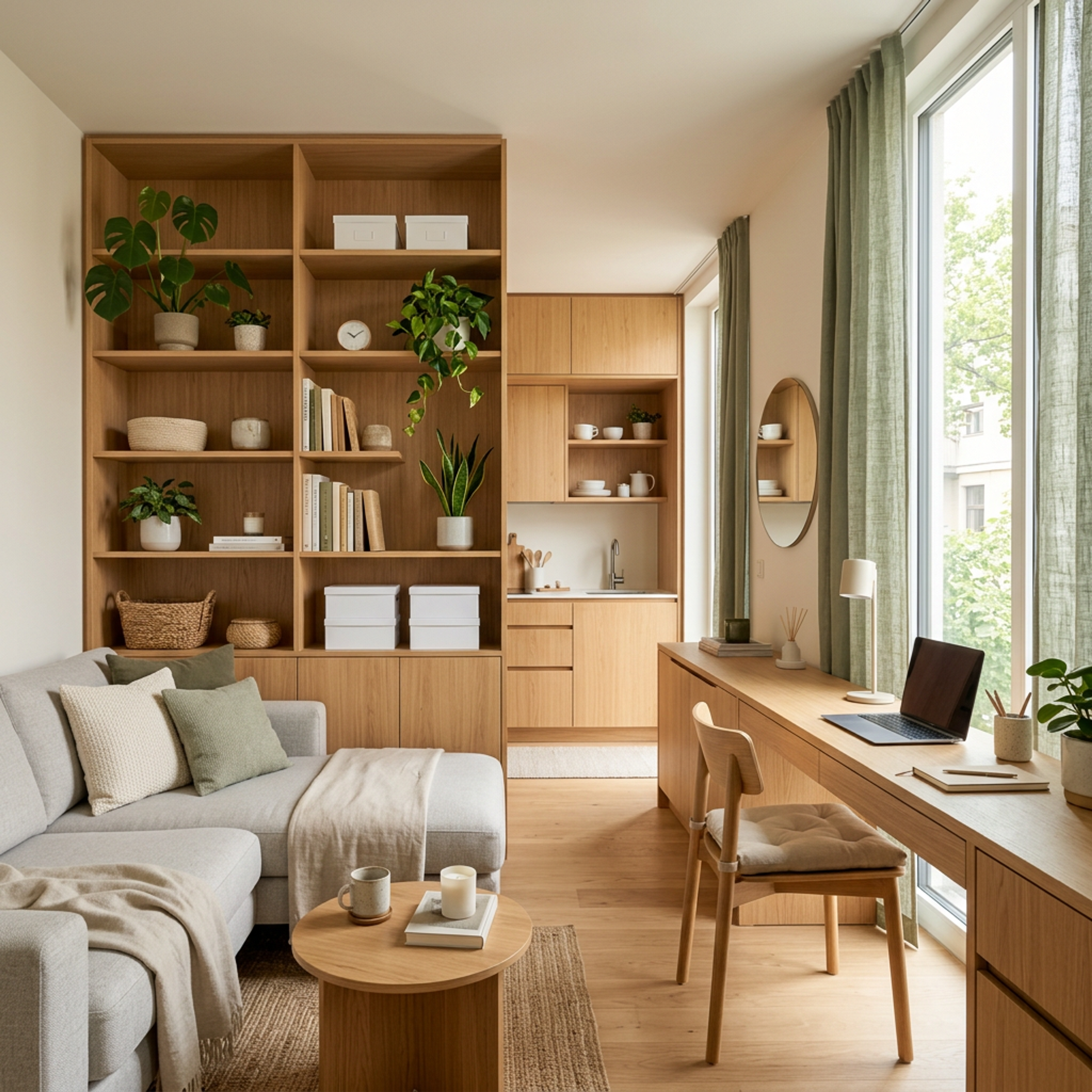 Space Saving Design with Office Setup and Compact Kitchenette Details