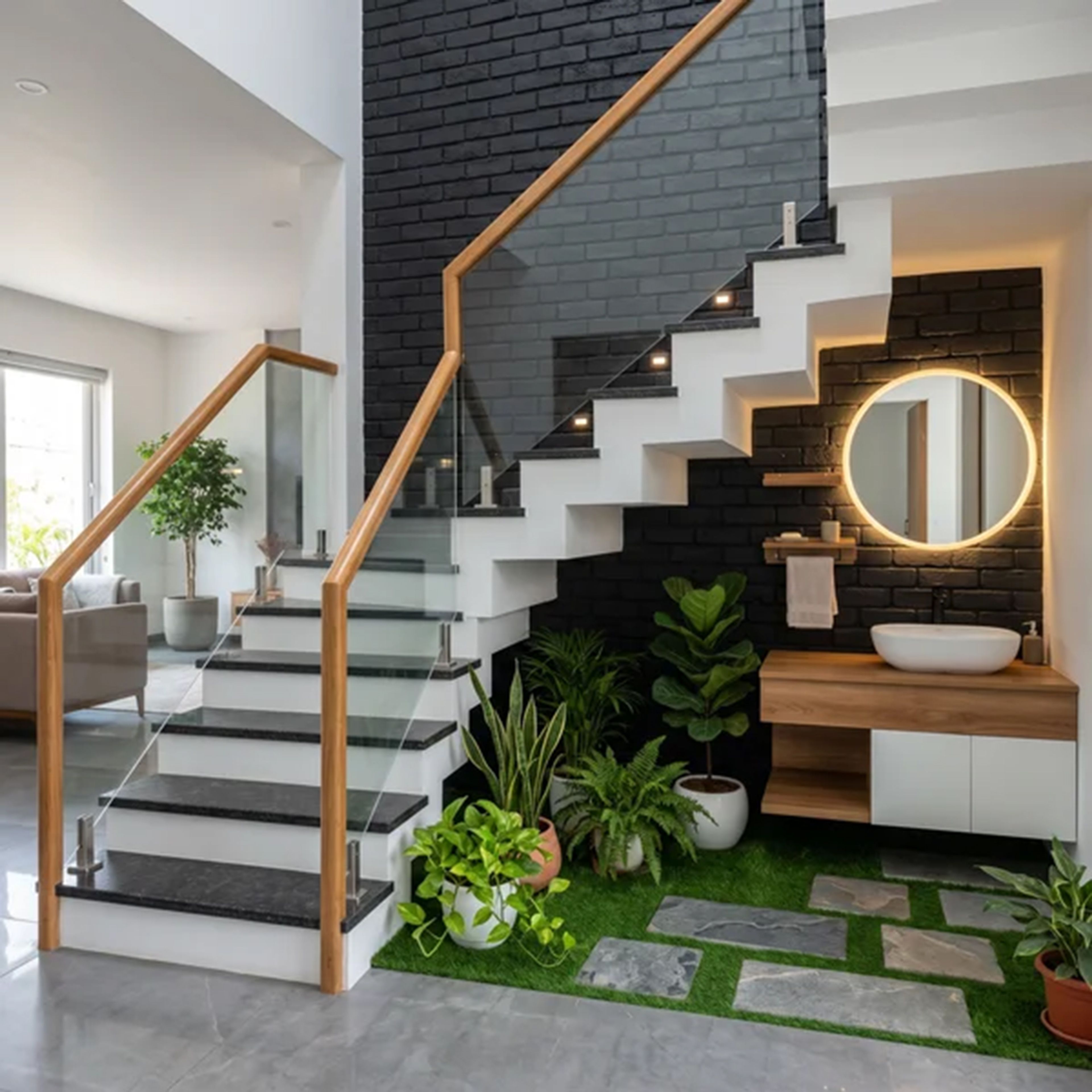 Industrial Staircase Design with L-Shaped Layout with Granite Tiles