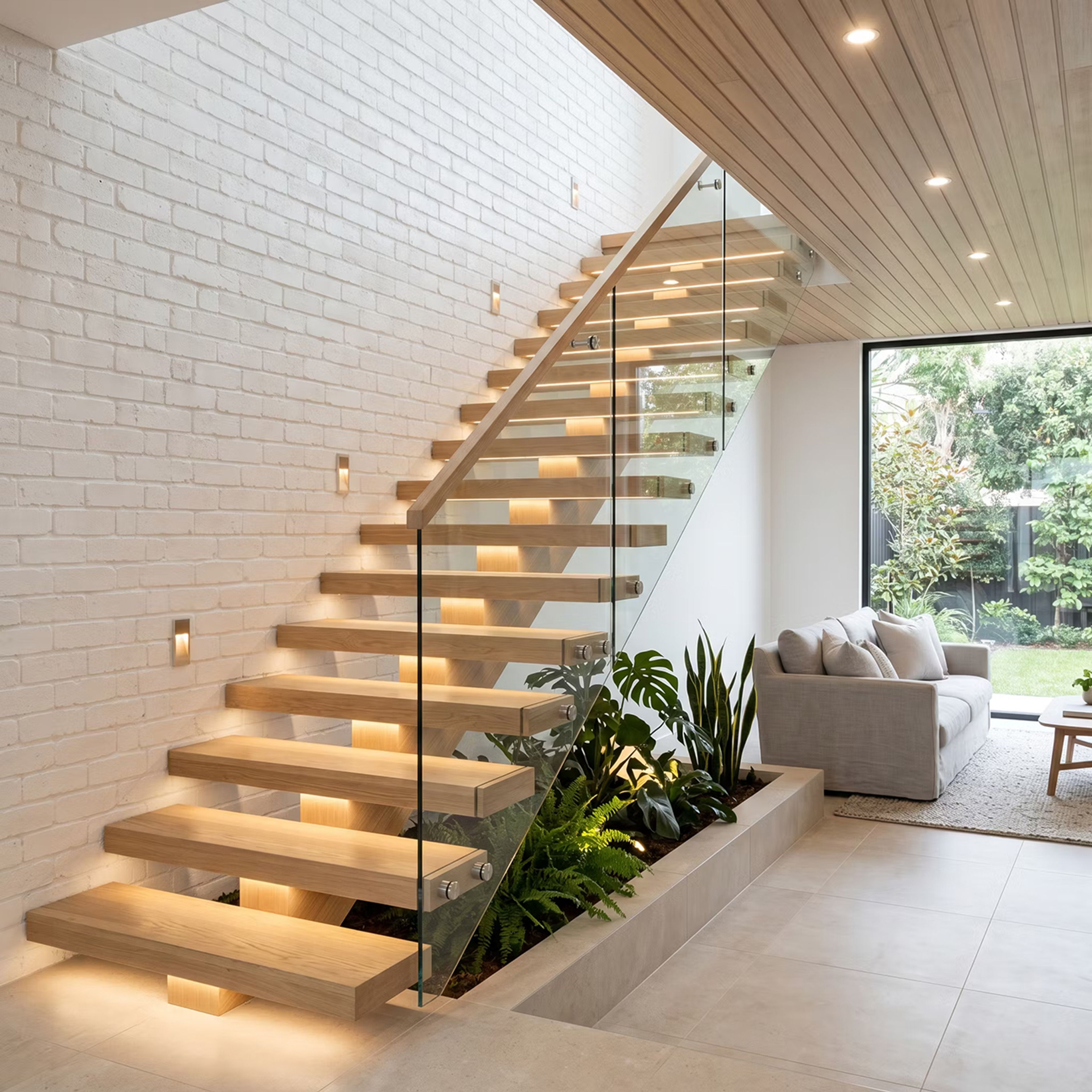 Contemporary Staircase Design with Straight Layout with Natural Wood Finish