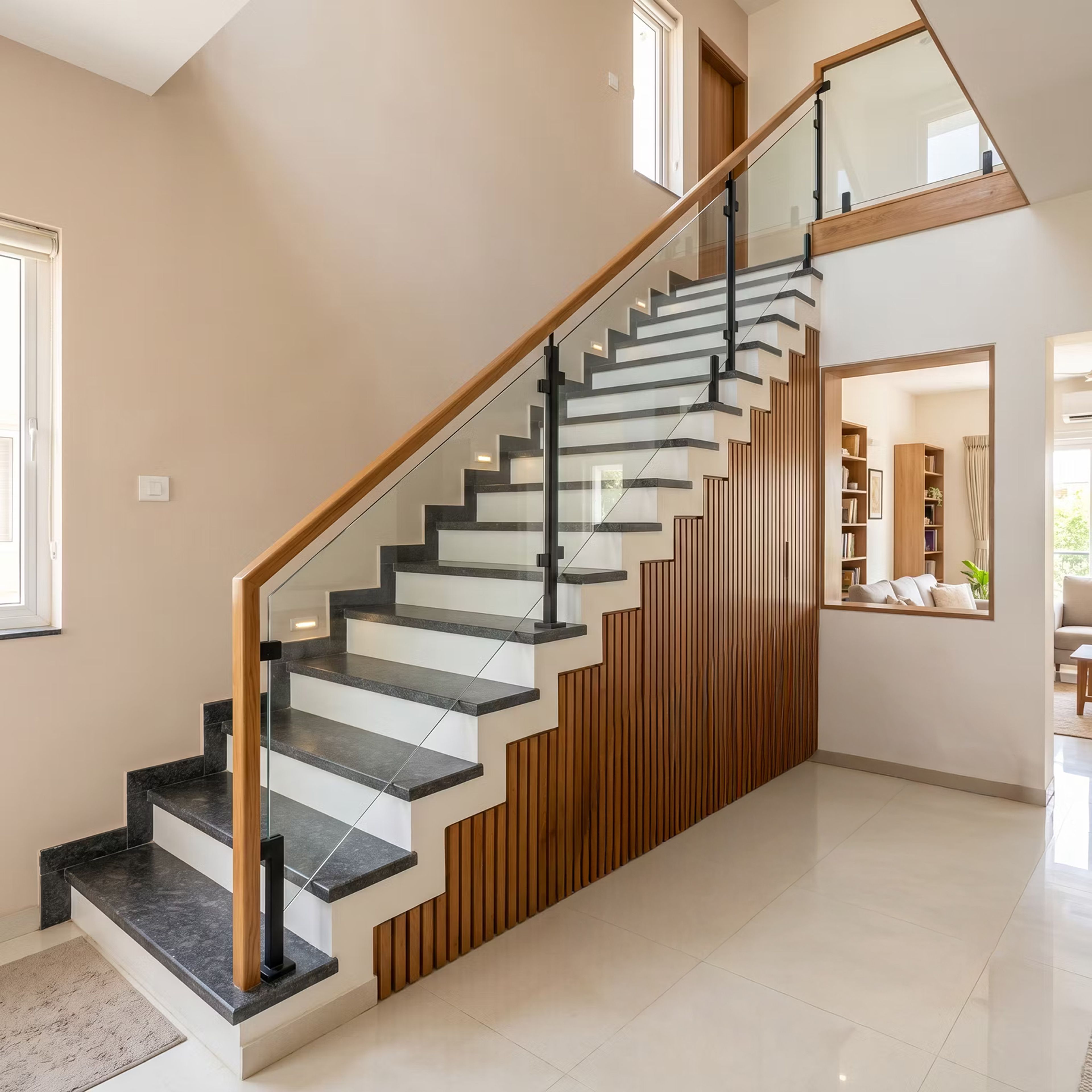 Contemporary Staircase Design with L-Shaped Layout with Granite Tiles