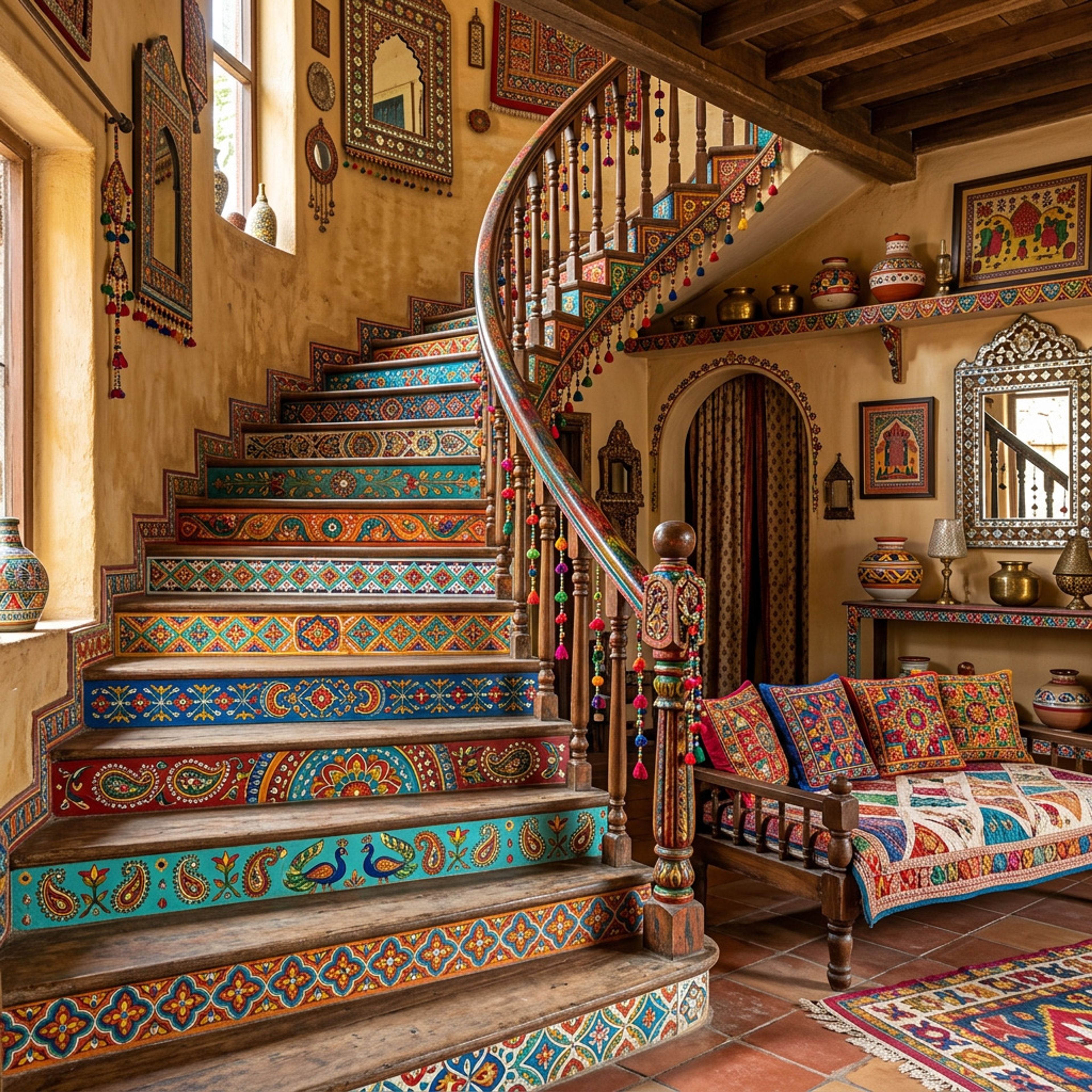 Indian Traditional Staircase Design with Curved Form and Carved Details