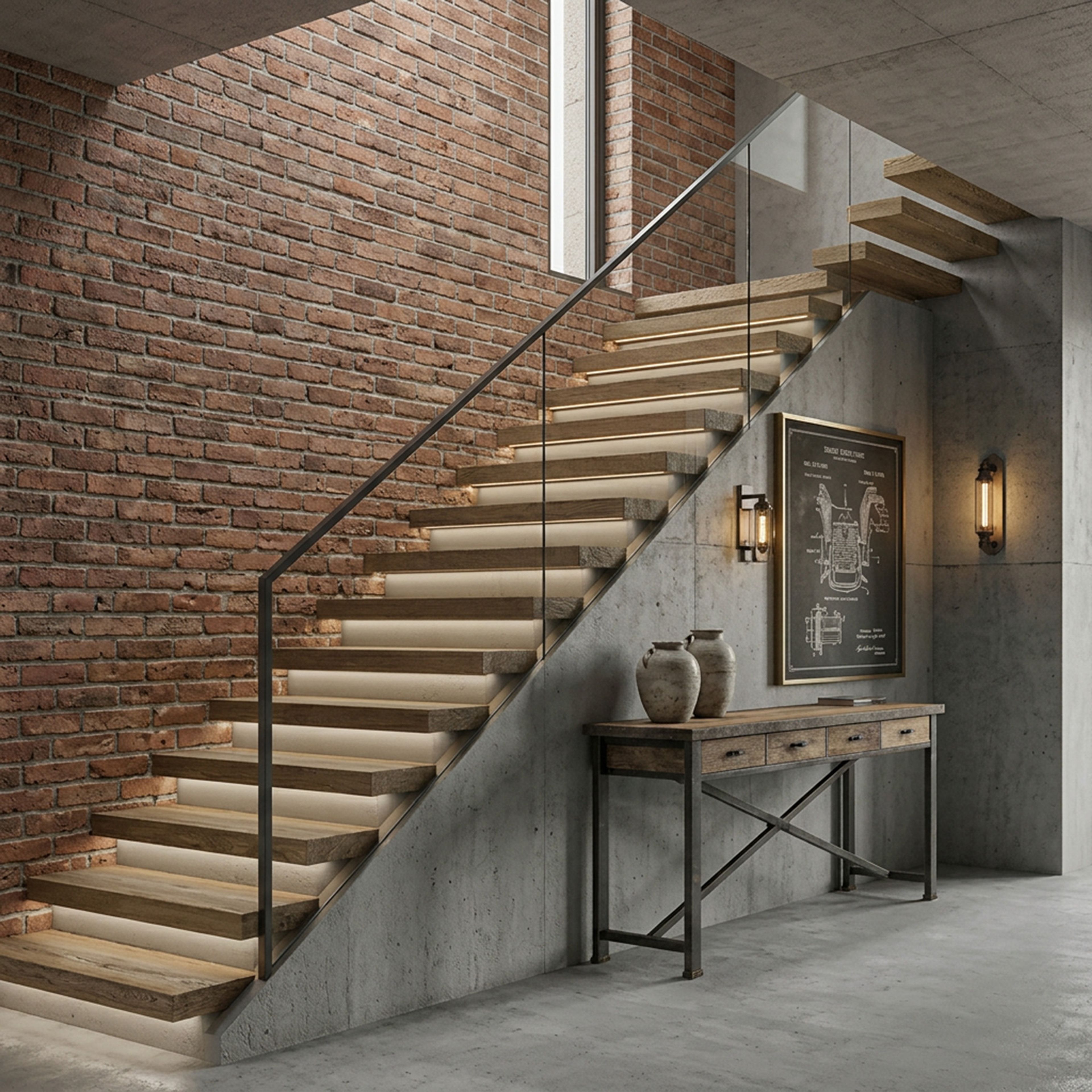 Industrial Staircase Design with Concrete Wood Glass and Metal Railing