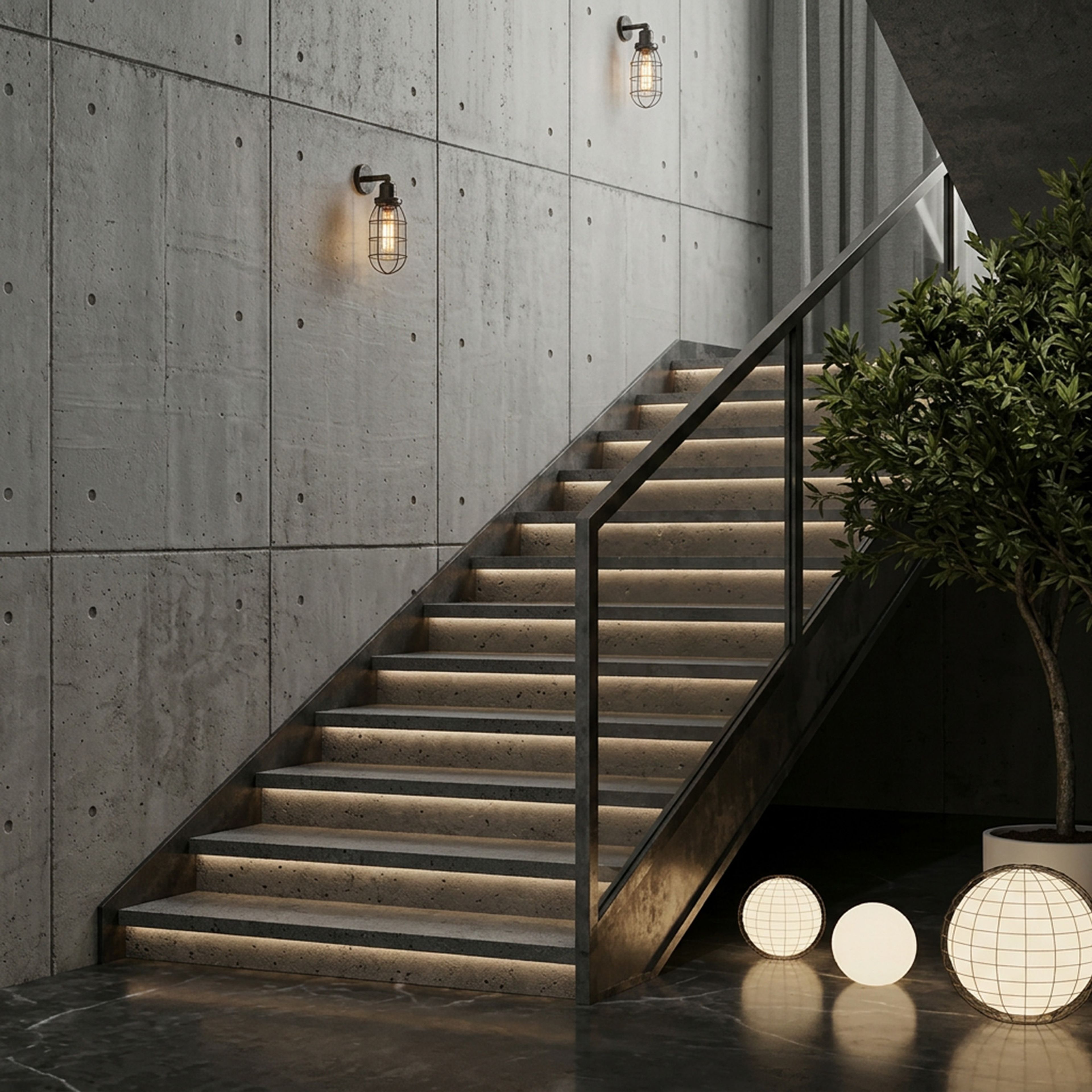 Industrial Staircase Design with Straight Concrete and Metal Step Structure Setup