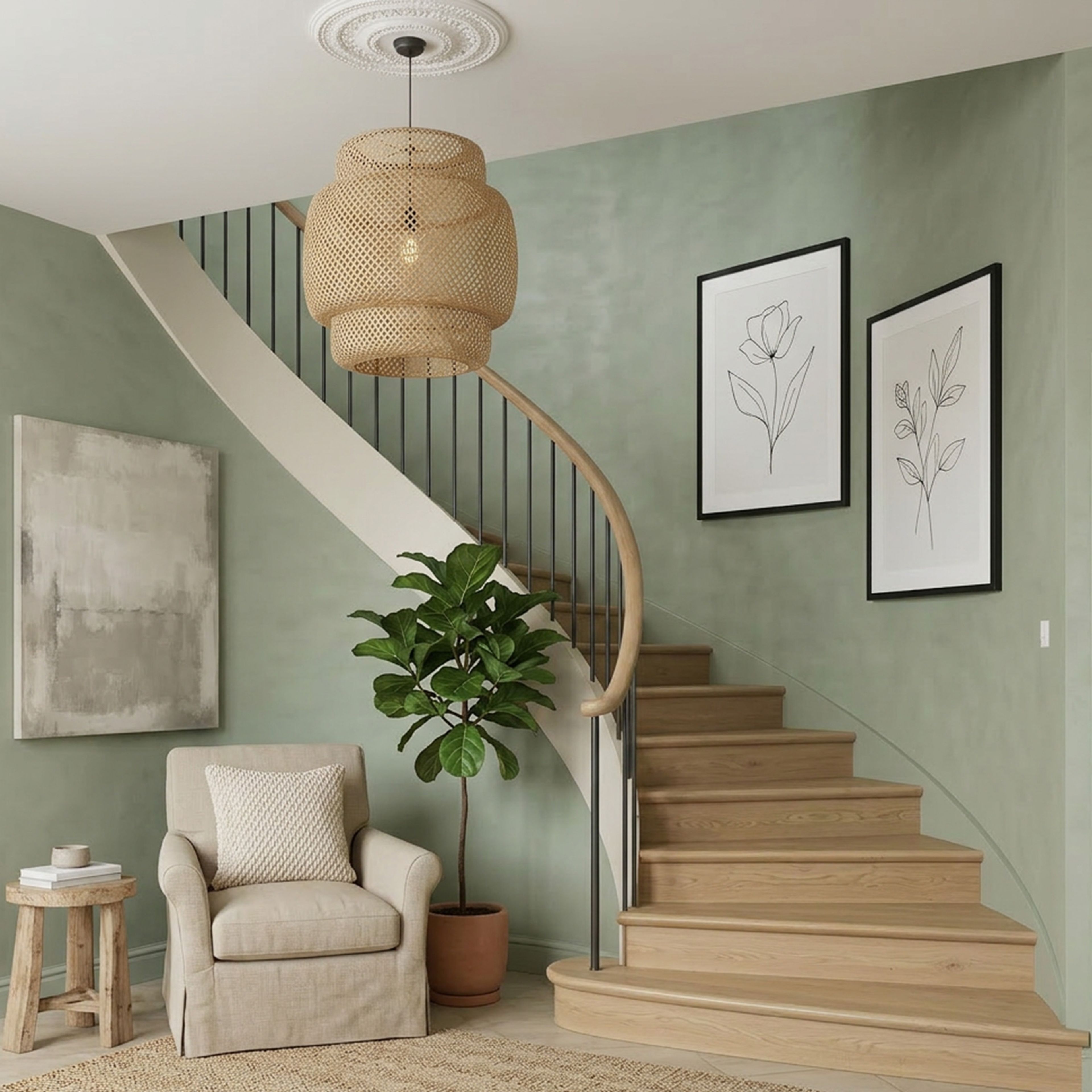 Curved Contemporary Staircase Design with Sleek Metal and Wooden Finish Steps