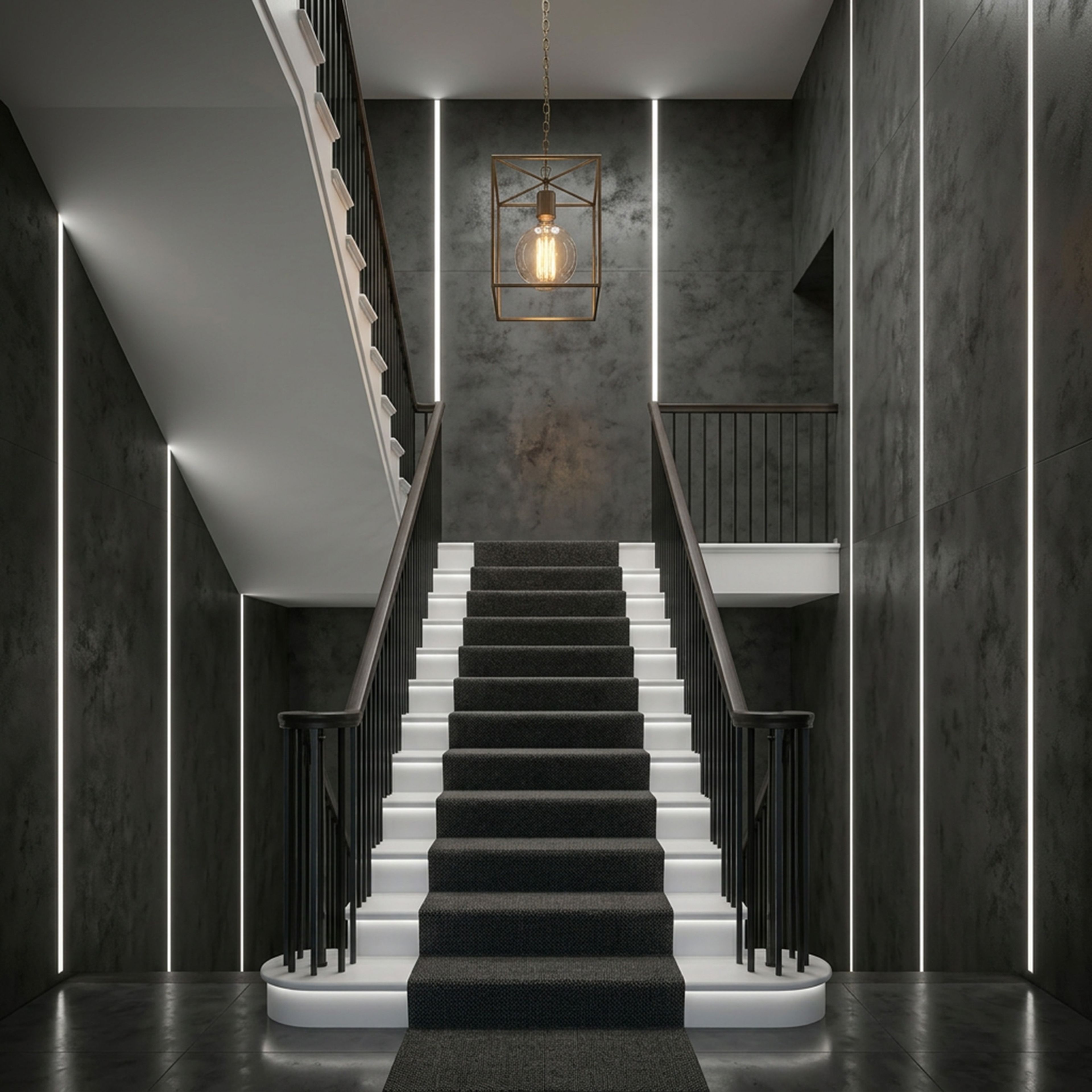 Modern Staircase Design with Straight Concrete Carpet and Metal Structure