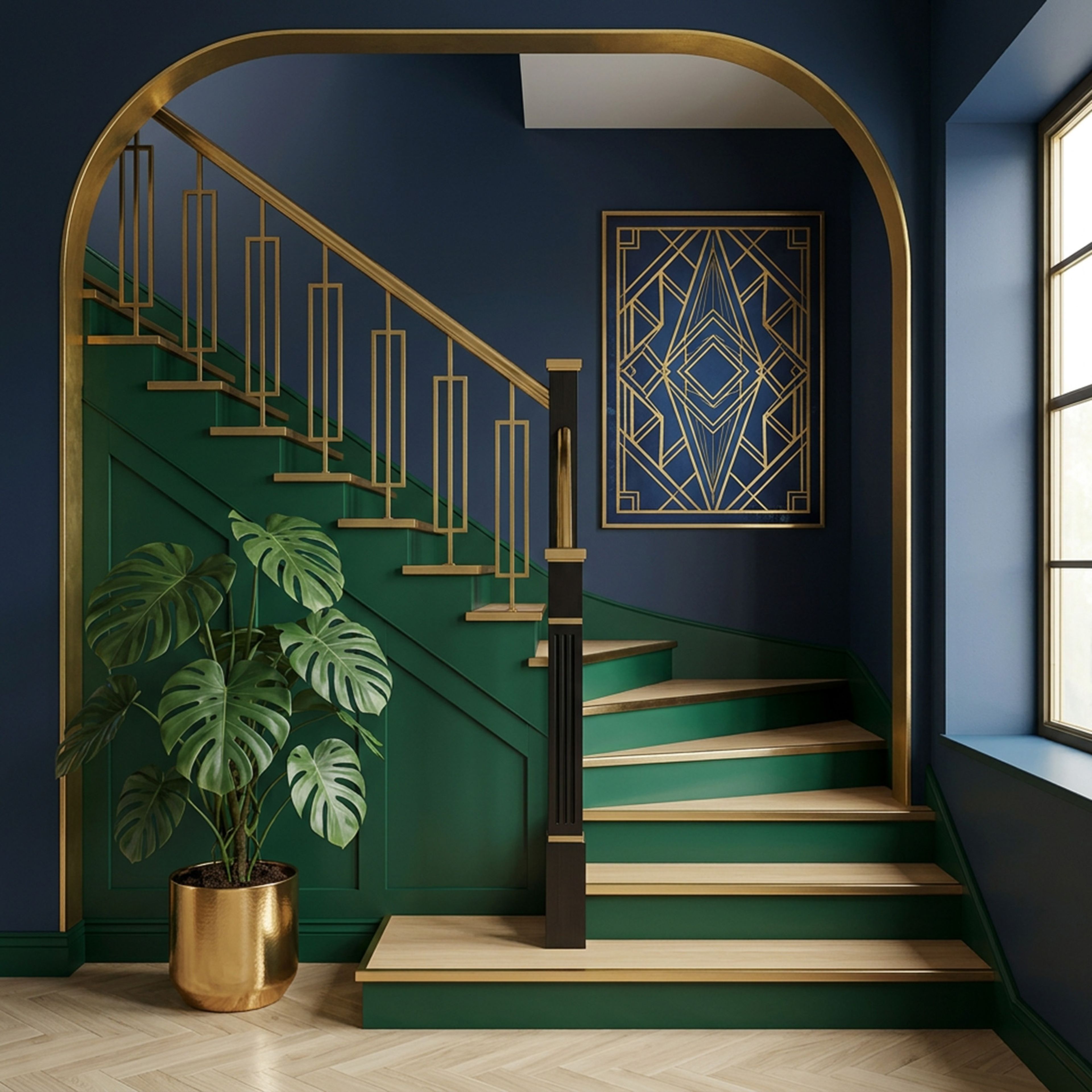 Art Deco Staircase Design with Curved Wooden and Metal Structure