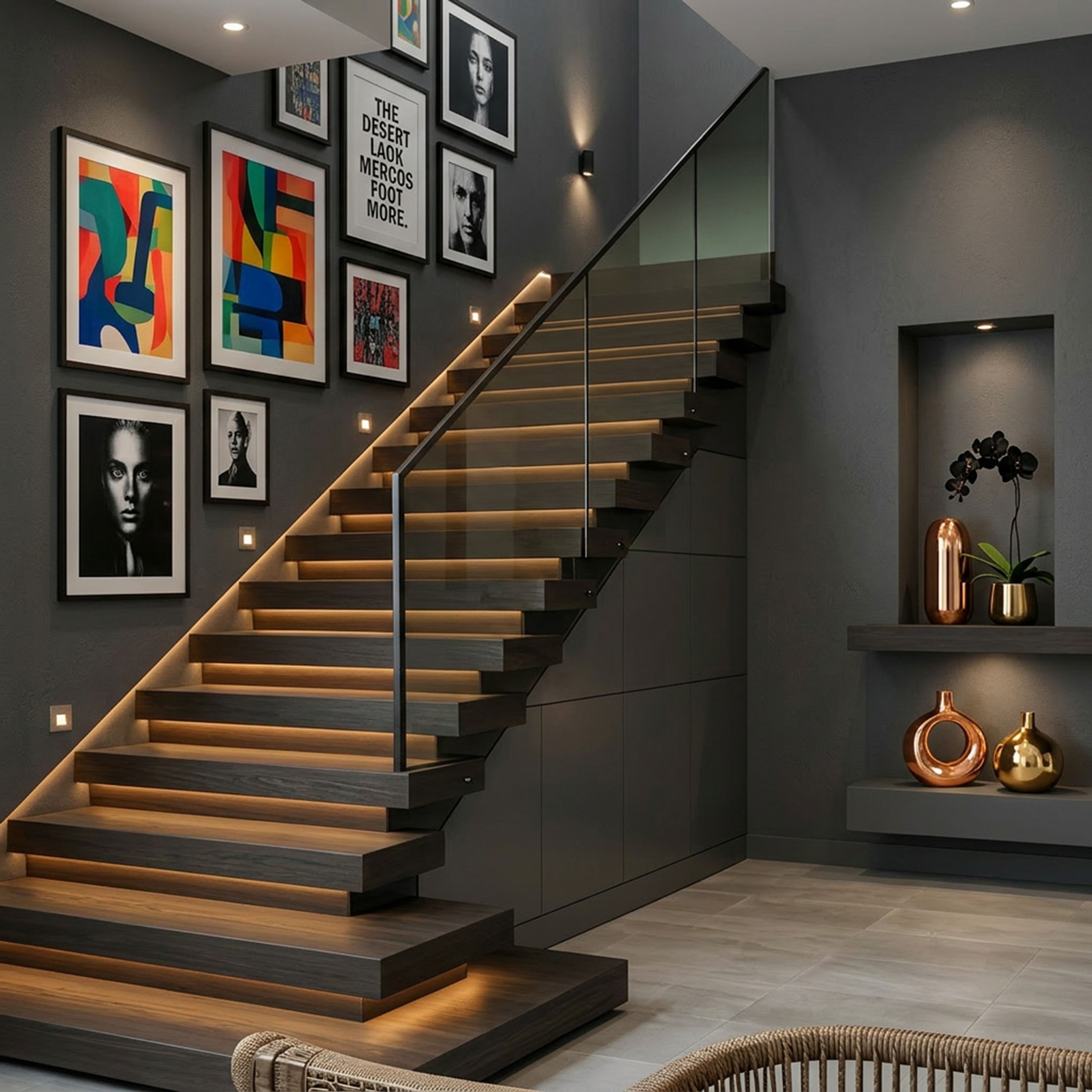 Straight Modern Staircase Design with Sleek Glass Metal and Wooden Steps