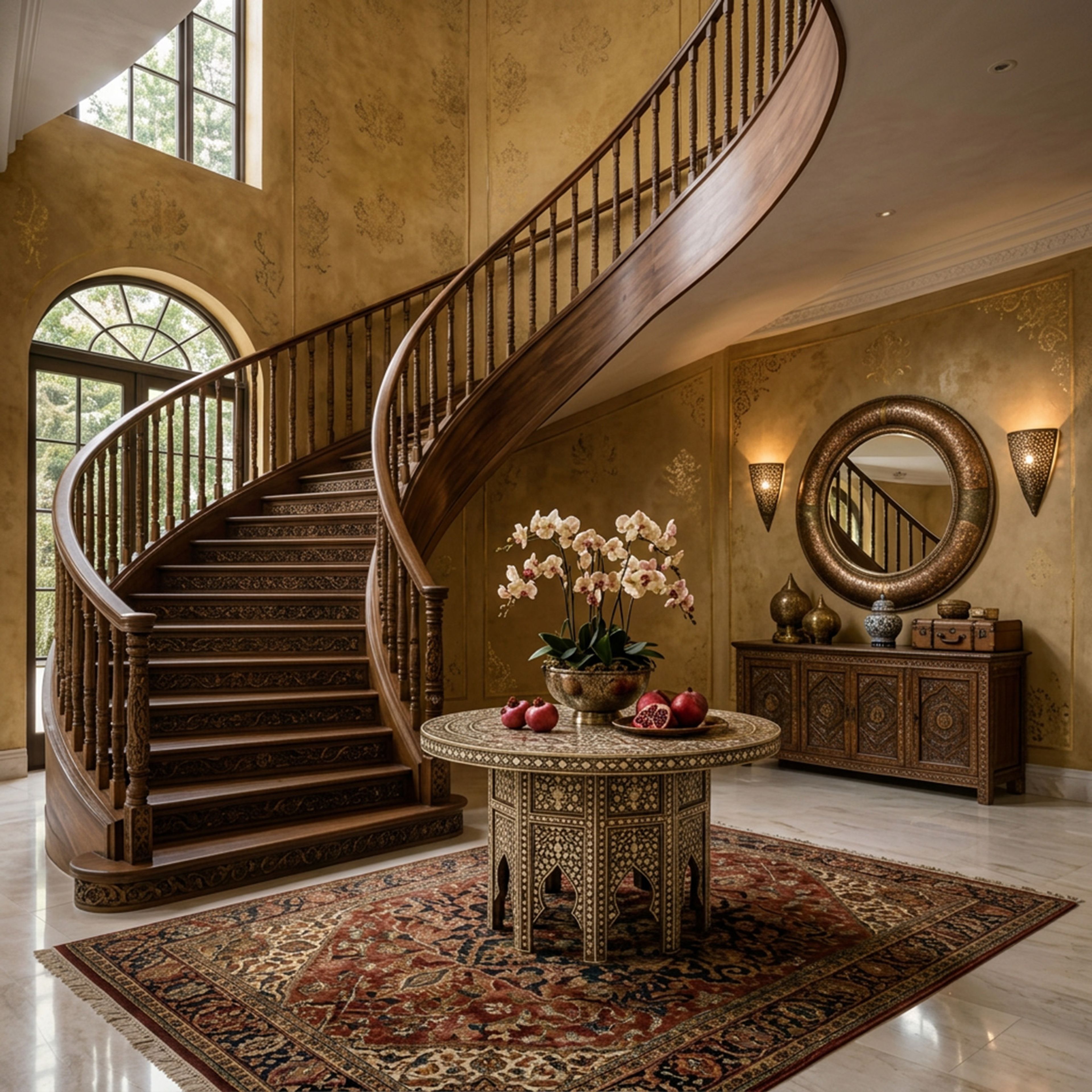 Traditional Staircase Design with Curved Solid Wooden Step Structure Setup
