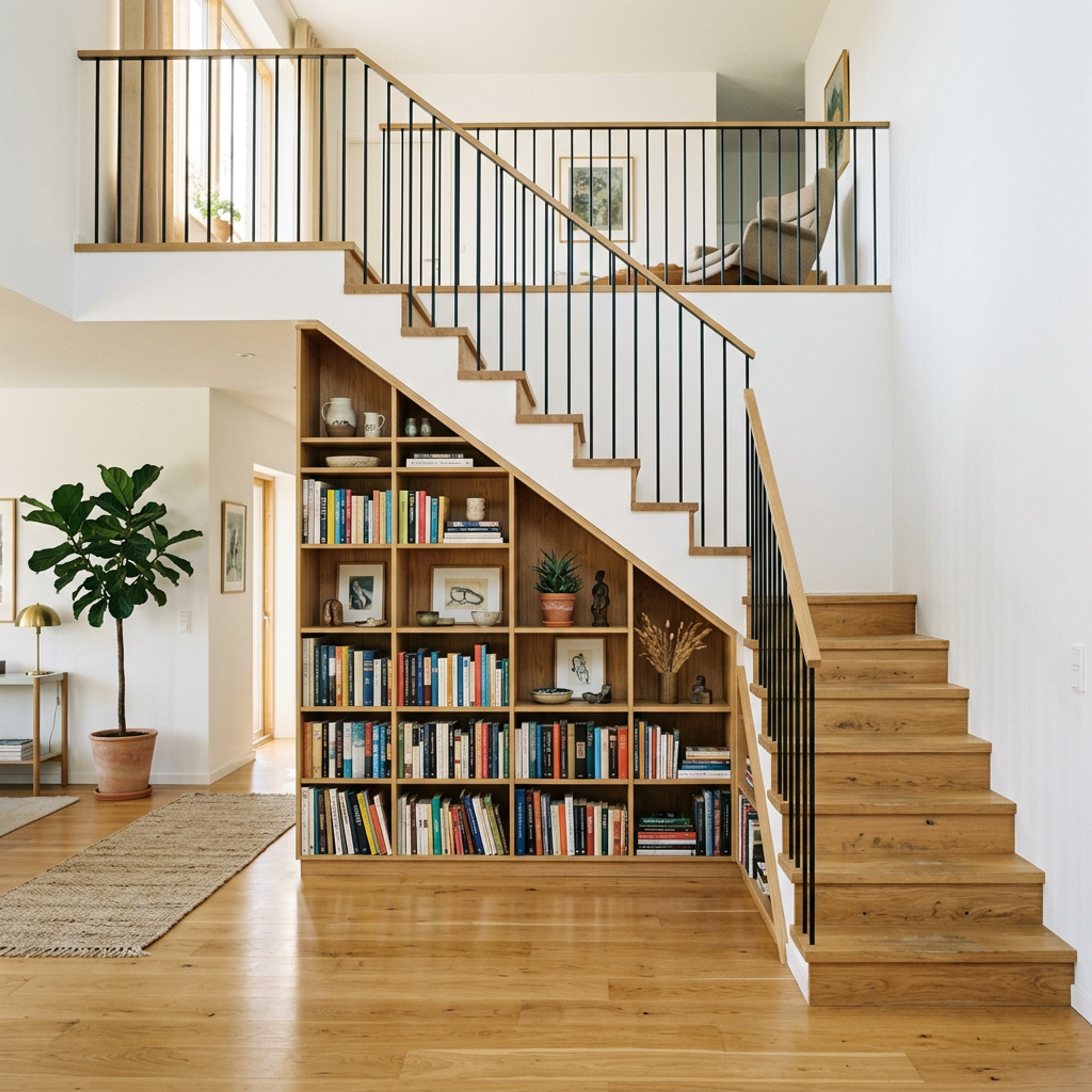 L-Shaped Contemporary Staircase Design with Wood and Meta Railings