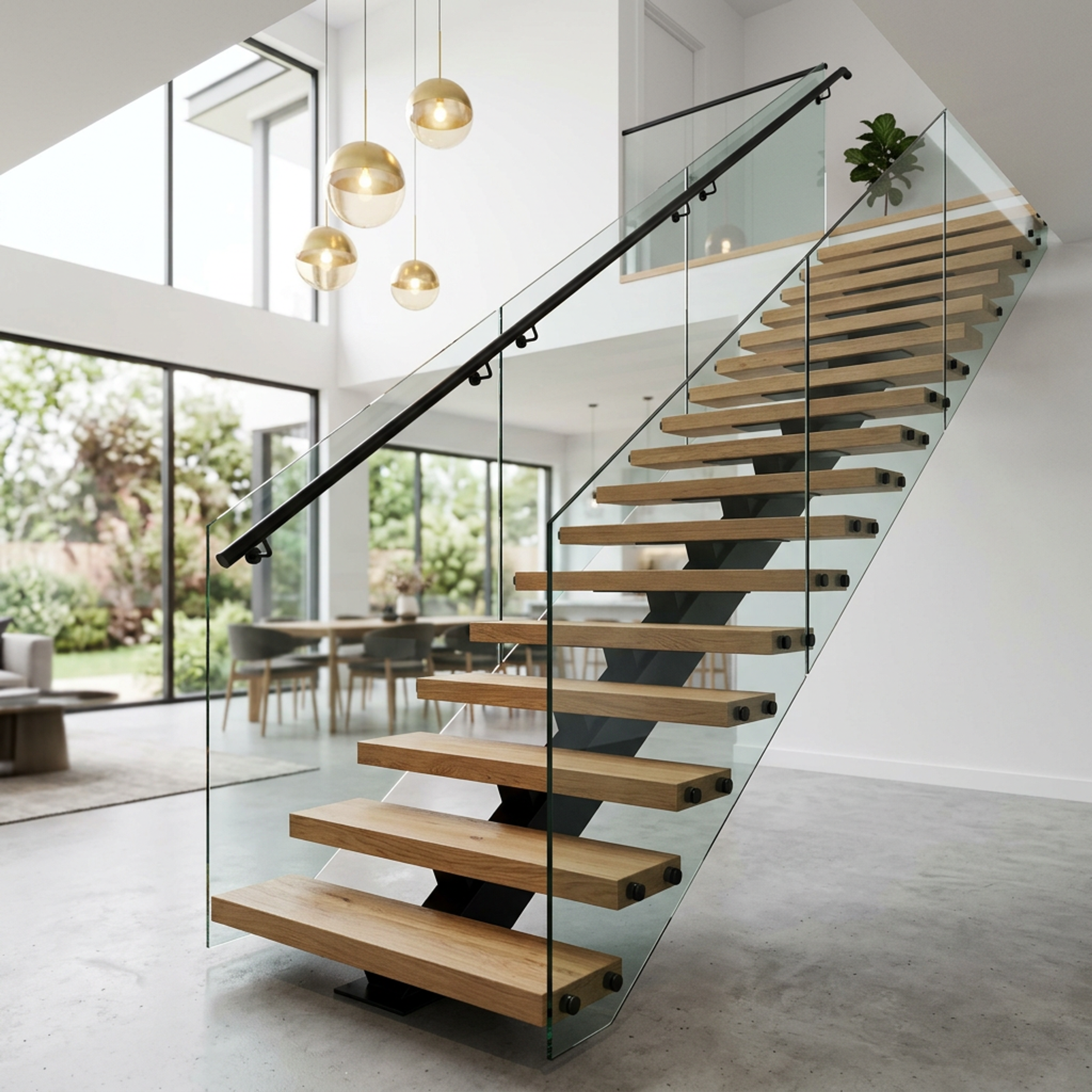 Straight Modern Staircase Design with Glass and Wood Treads