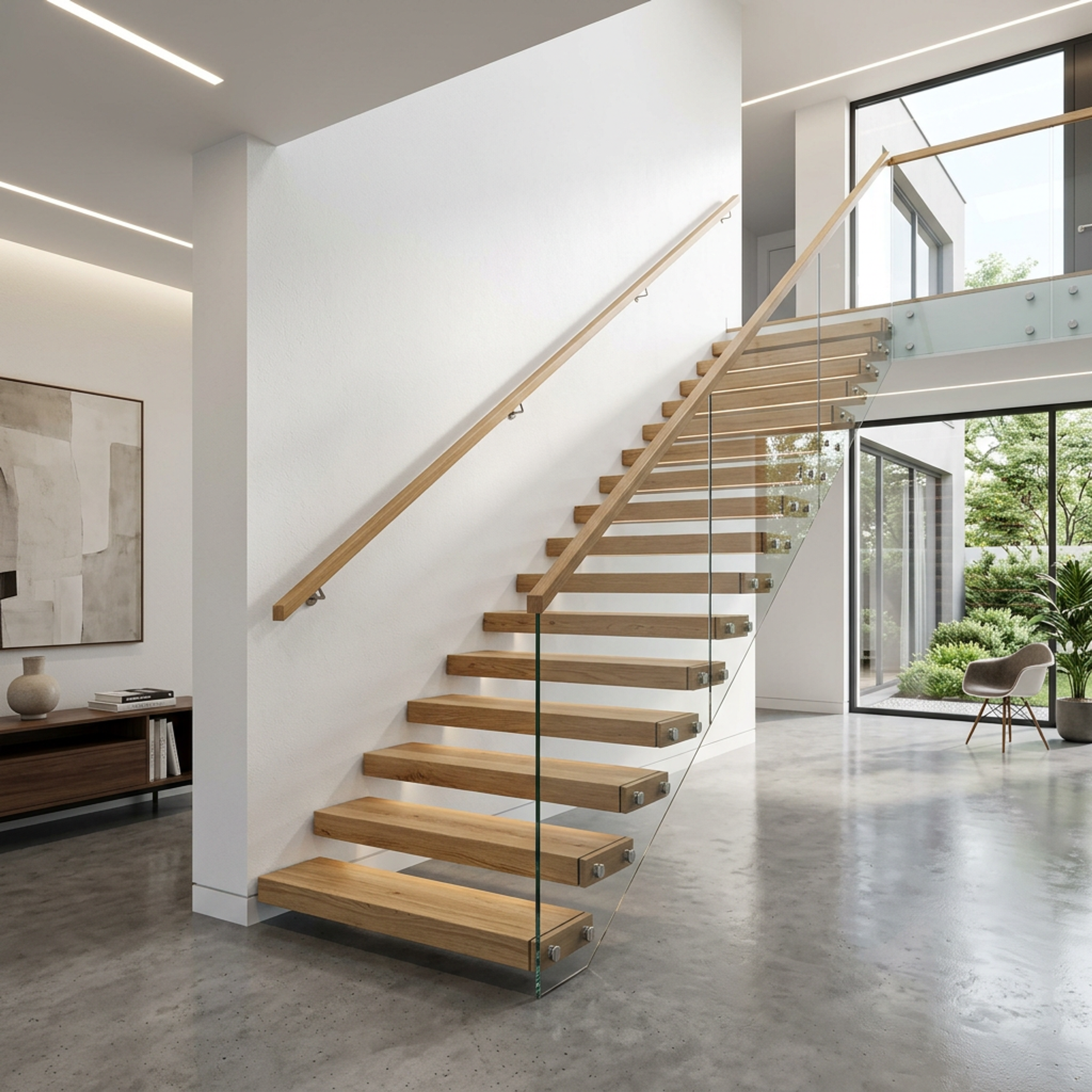 Modern Staircase Design with Straight Wood and Glass Railings