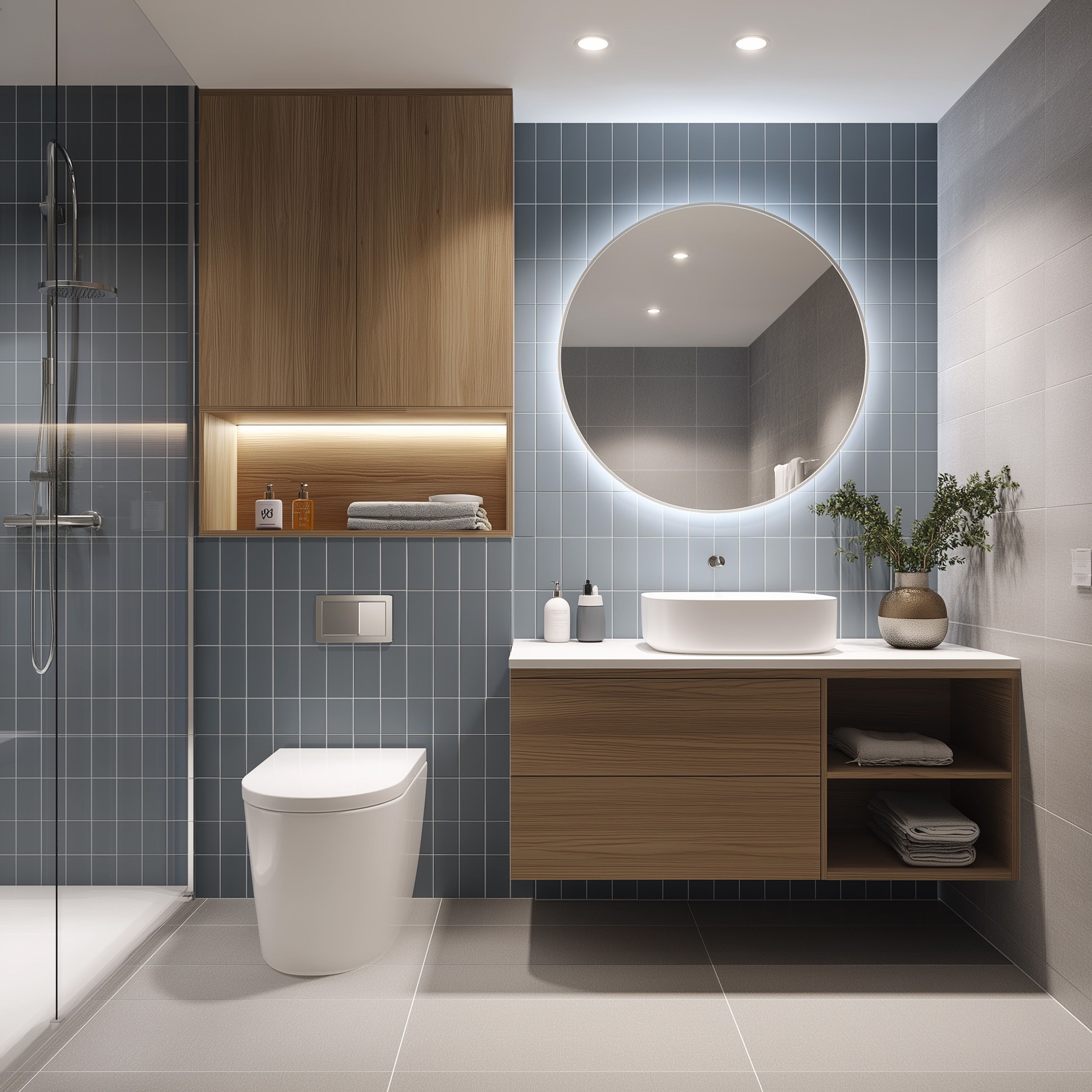 Bathroom Tile Design with Blue Grey Ceramic Grid Pattern Tiles