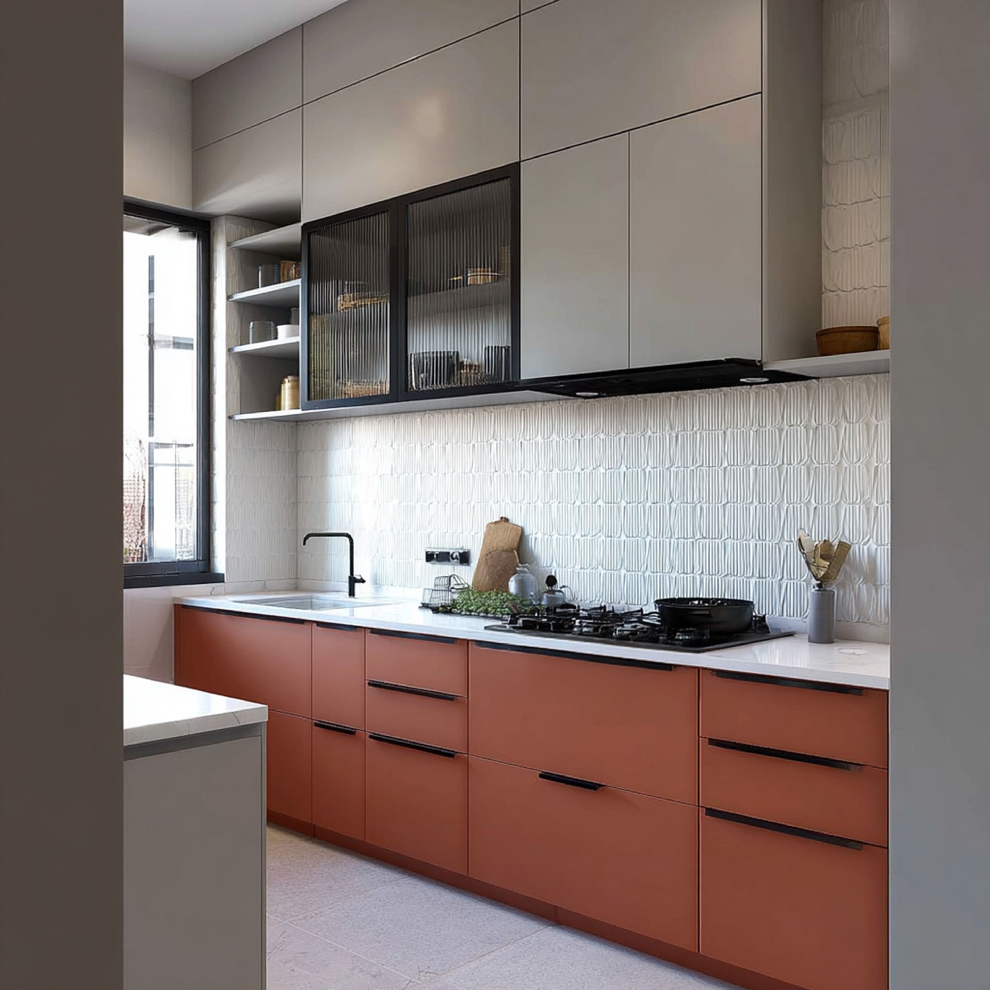 Kitchen Tile Design with White Matte Ceramic Embossed Wave Pattern Setup
