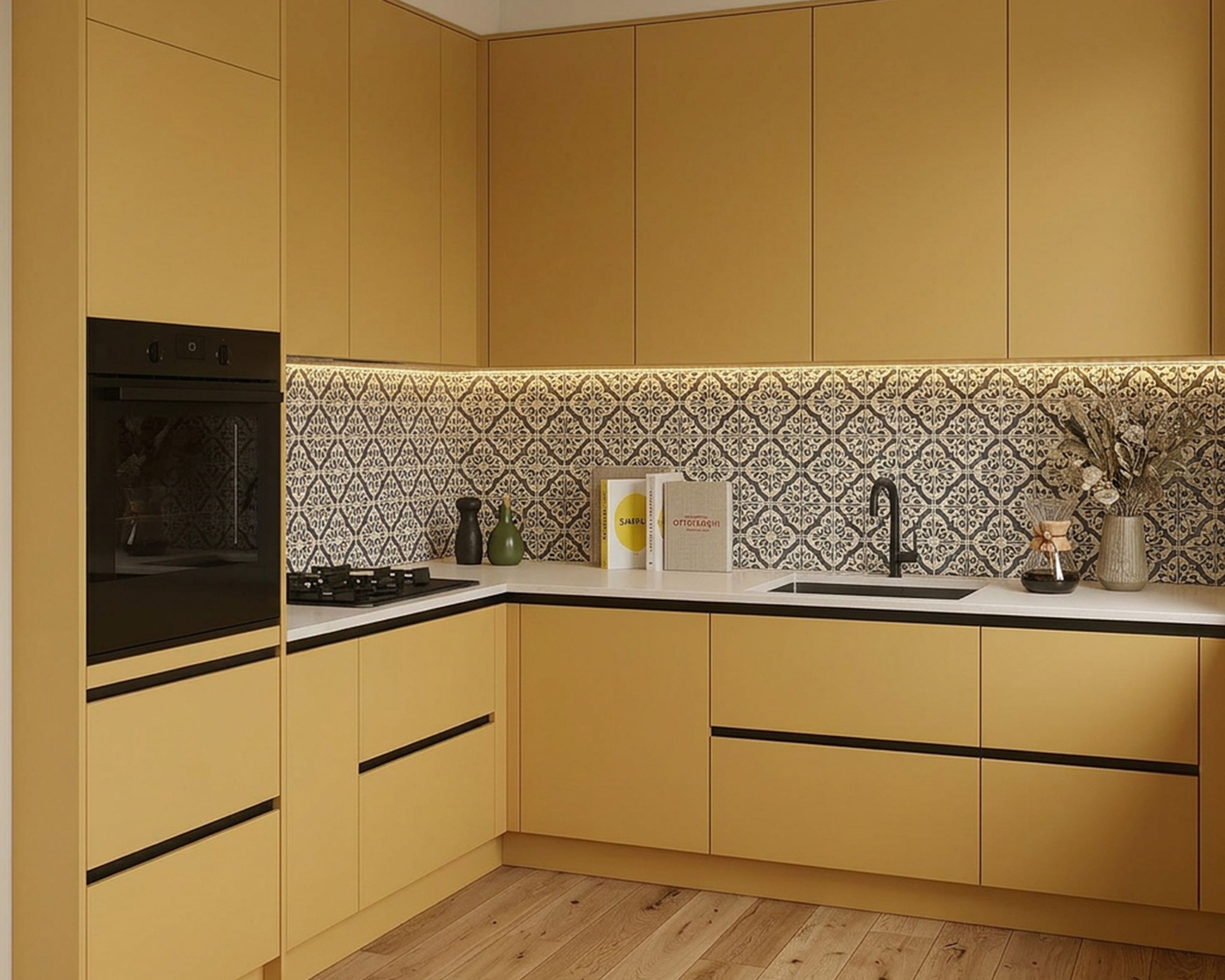Ceramic Kitchen Tile Design with Repeating Mediterranean Motif Pattern Setup