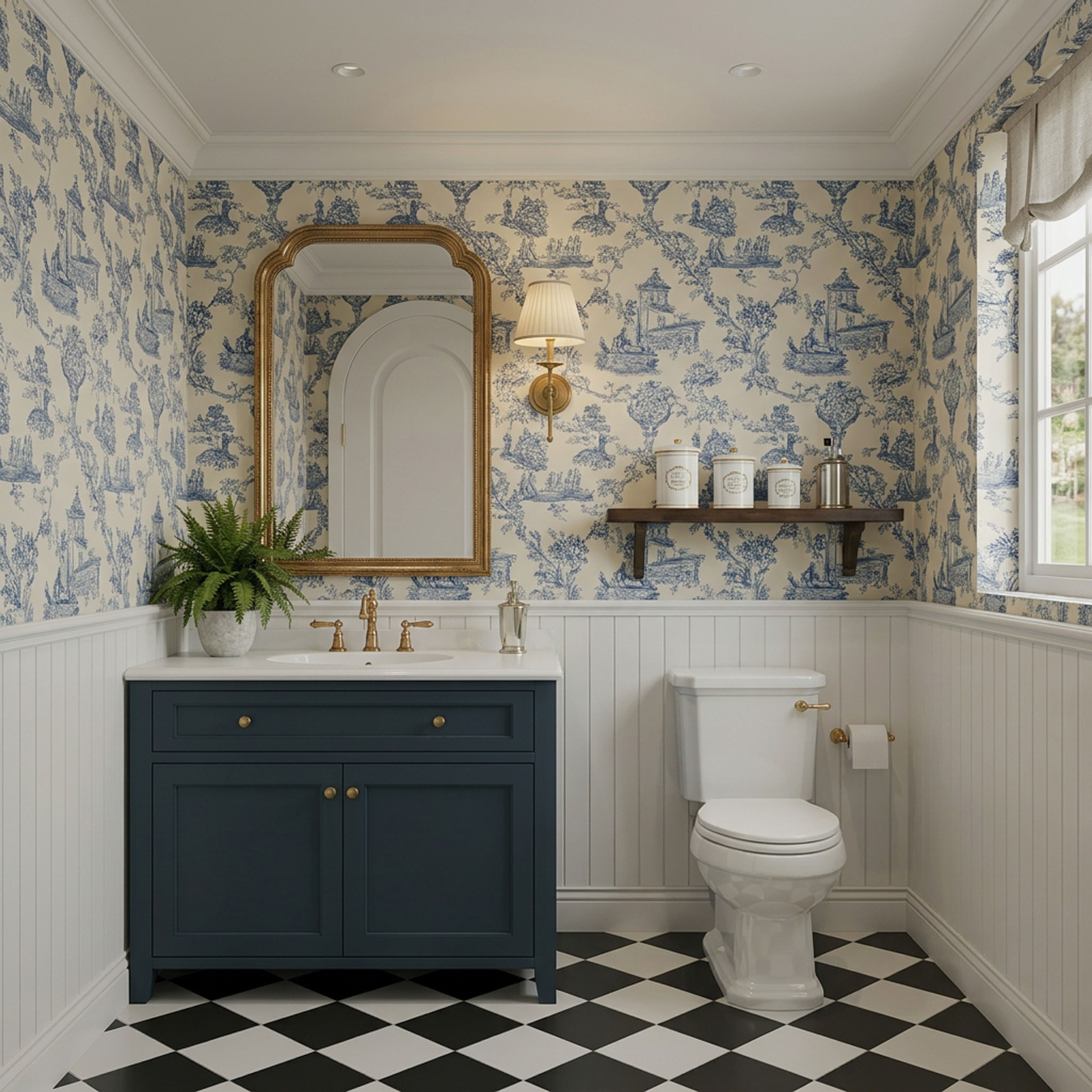 Classic Bathroom Tile Design with Traditional Wallpaper Like Toile Pattern Setup