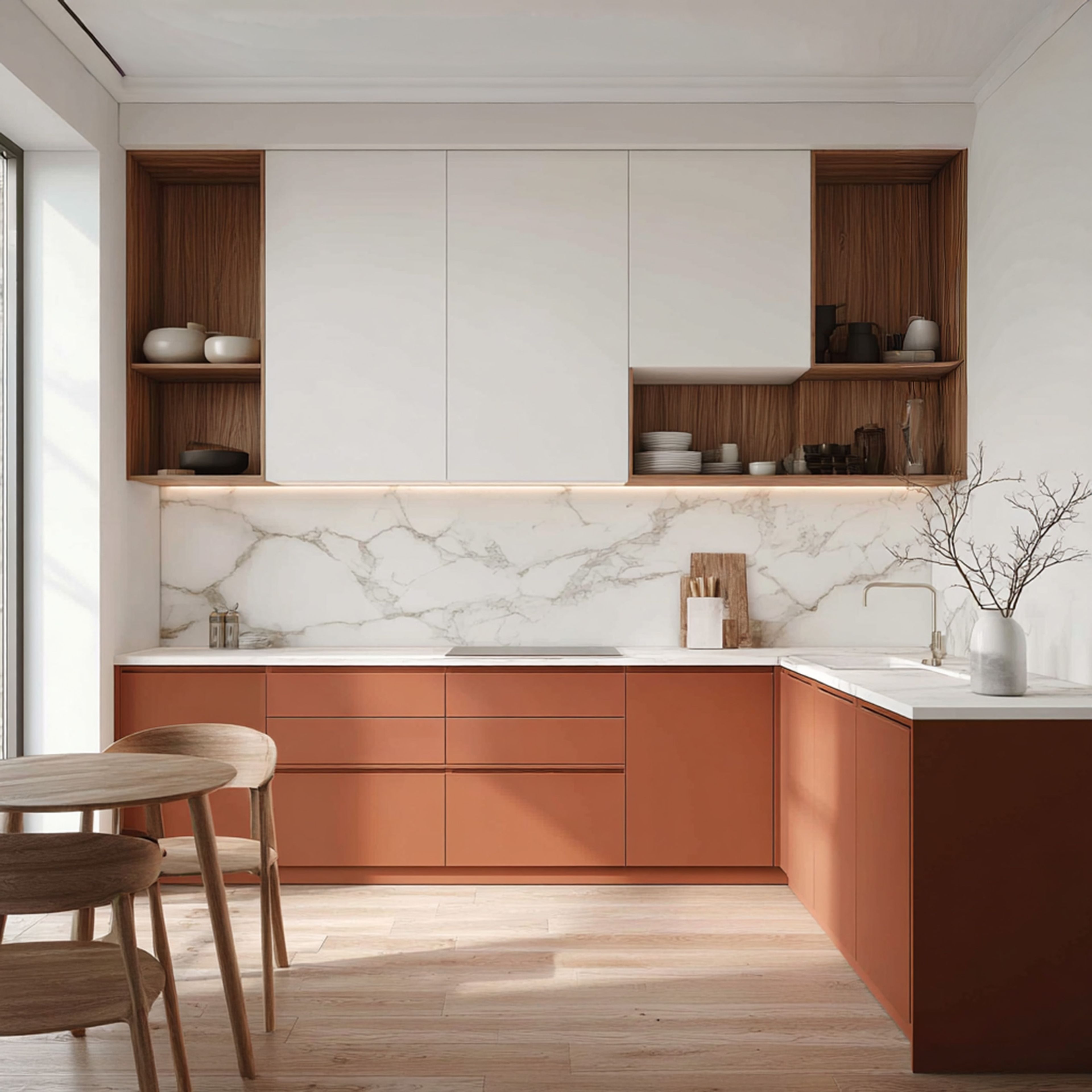 Semi-Glossy Kitchen Tile Design with Large Format Marble Effect Porcelain Tiles