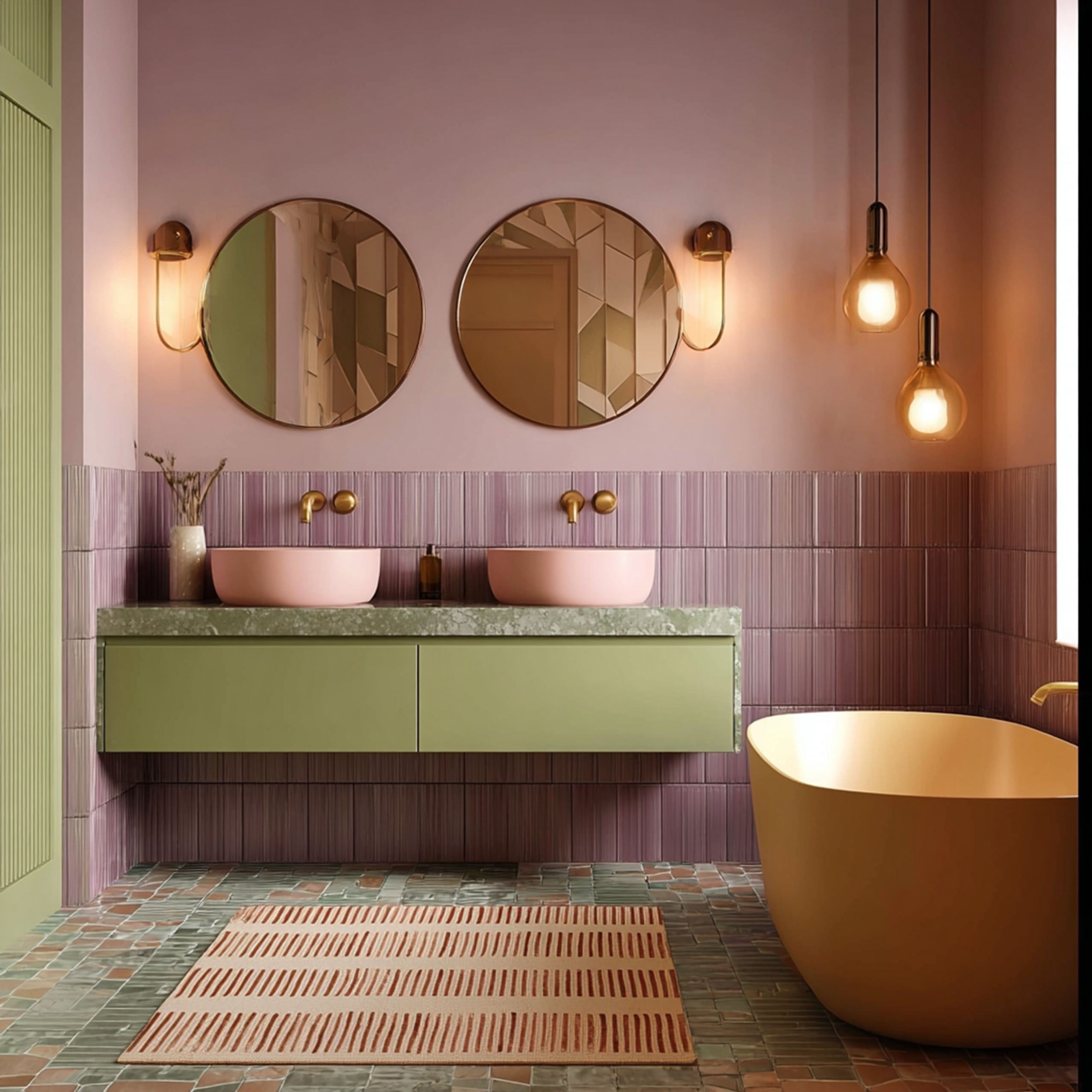 Bathroom Tile Design with Vertical Stack Dusty Rose Ceramic Tiles