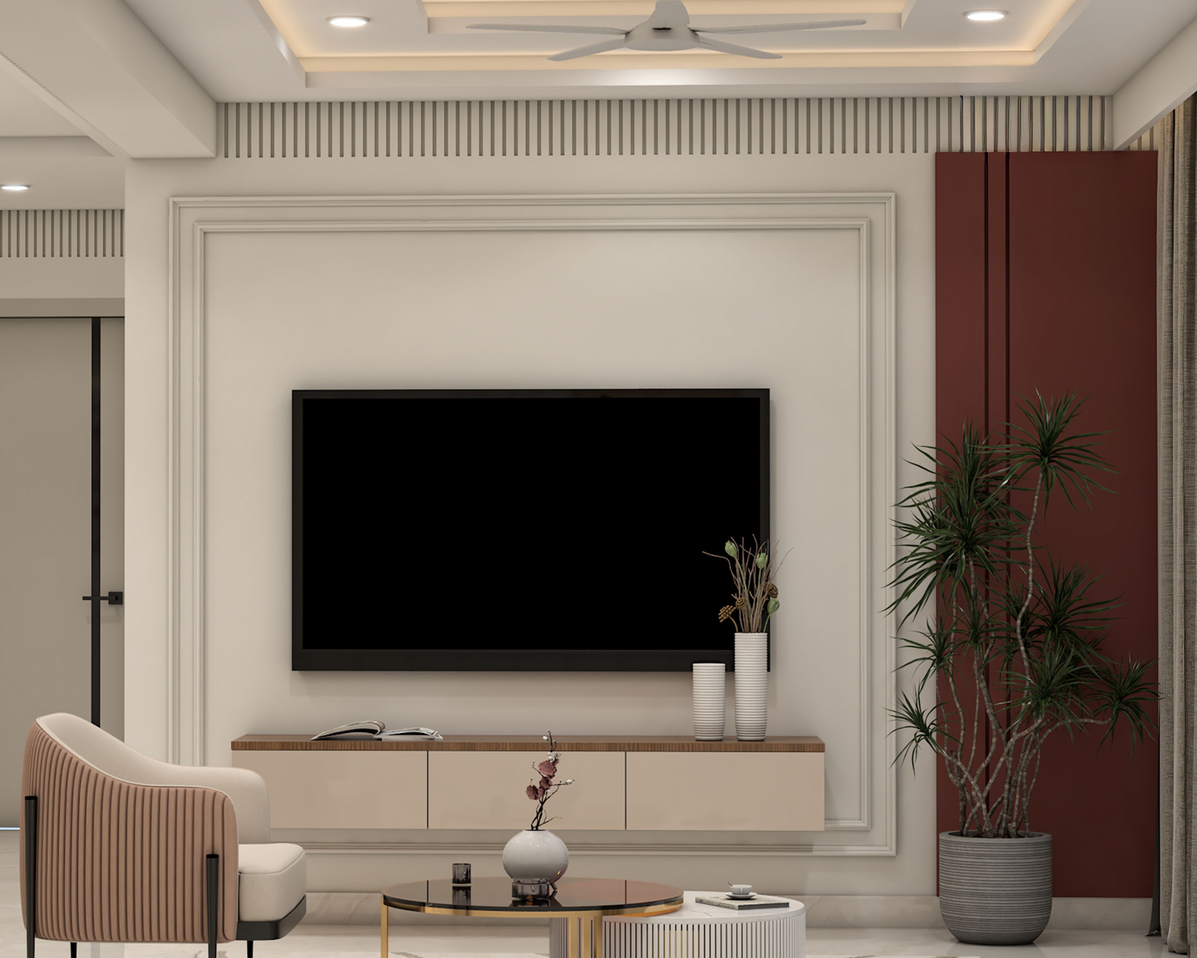 Classic Grey TV Unit Design with Slat Wall and Matte Finish Storage