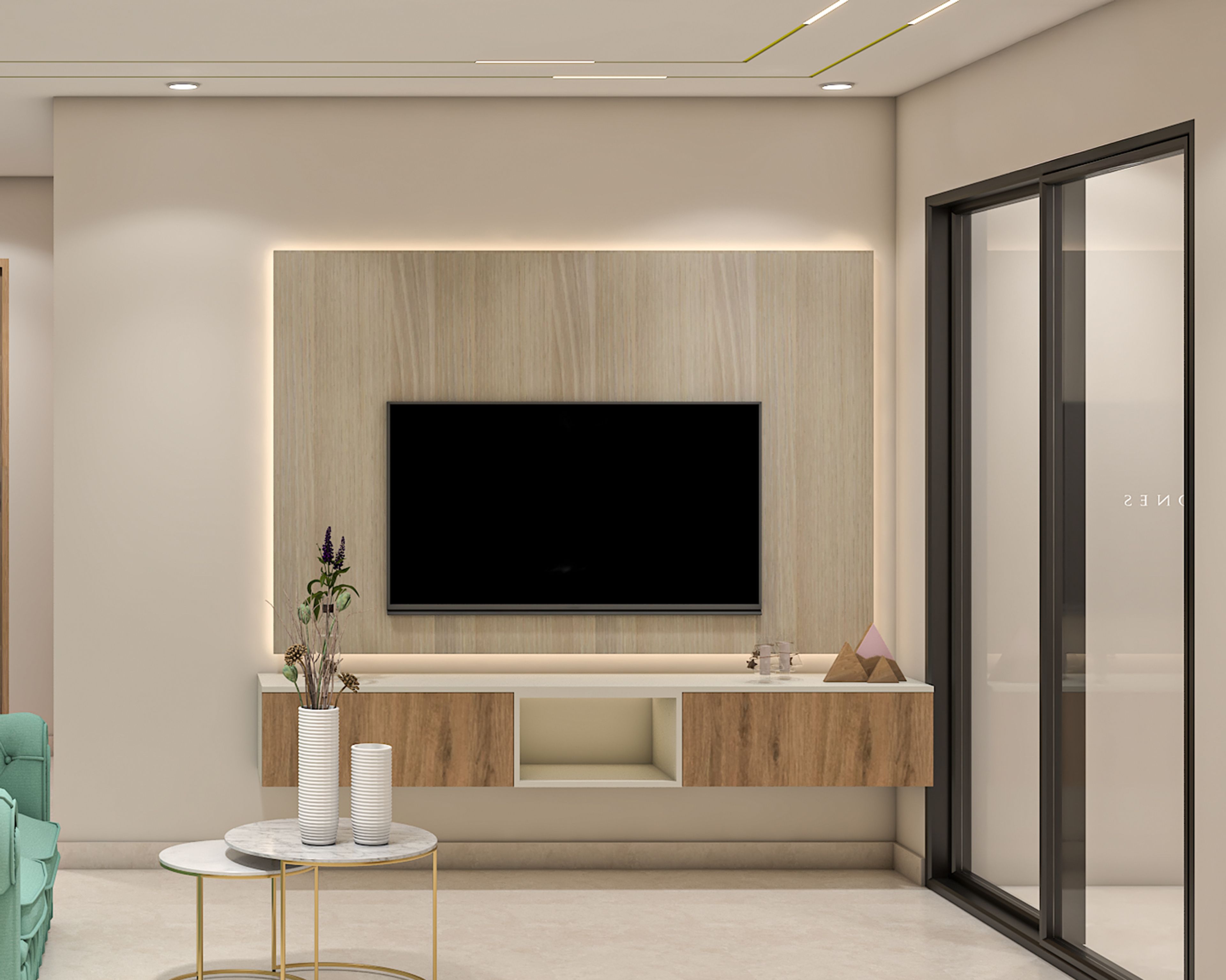 Modern TV Unit Design with Wooden Panel and Matte Finish Storage