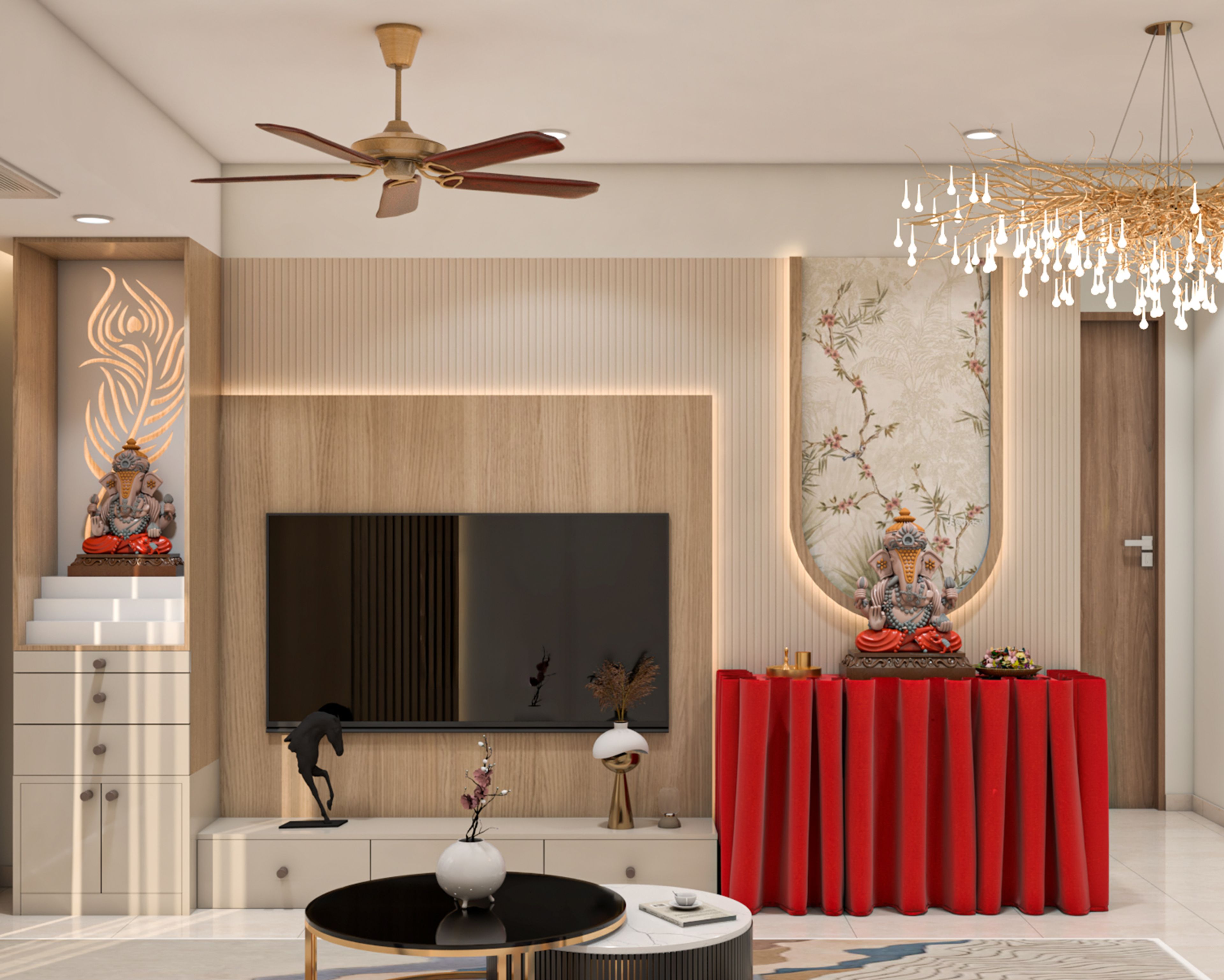 Contemporary Cream TV Unit Design with Storage and Display Shelves