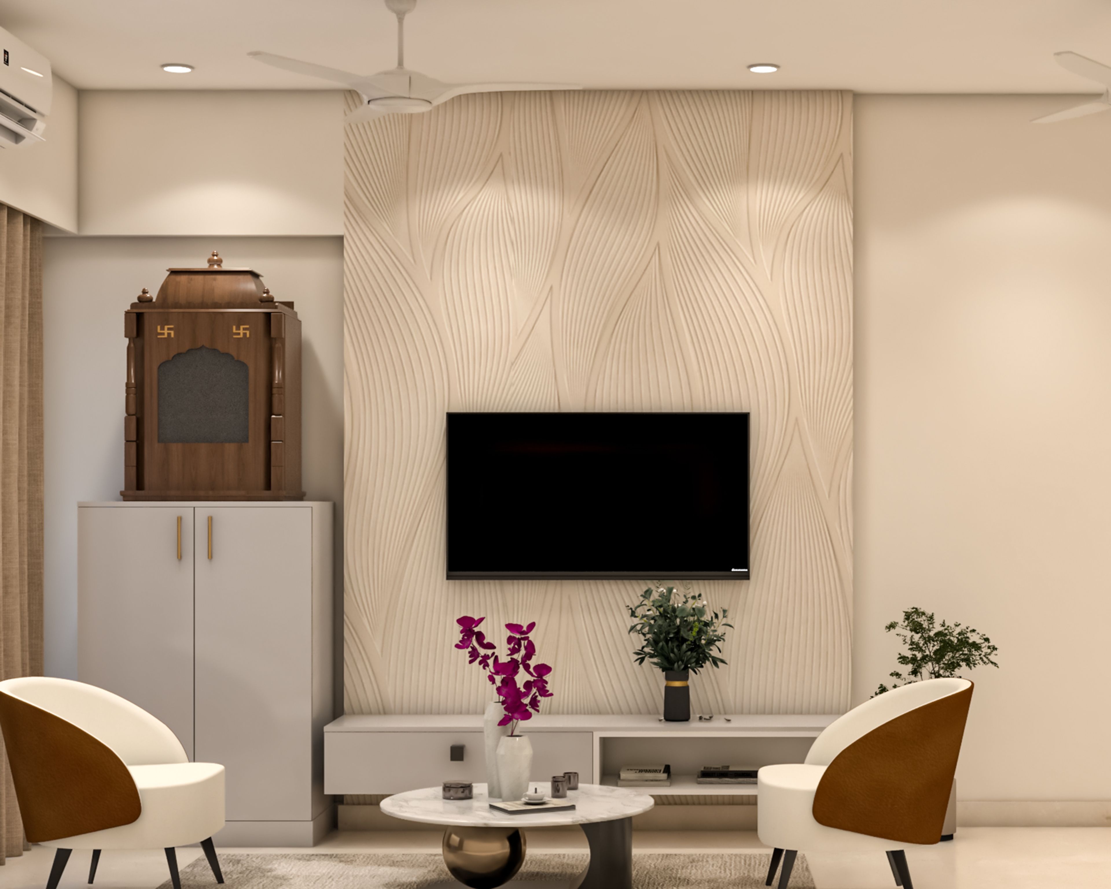 Traditional Grey TV Unit Design with Decorative Wall and Storage