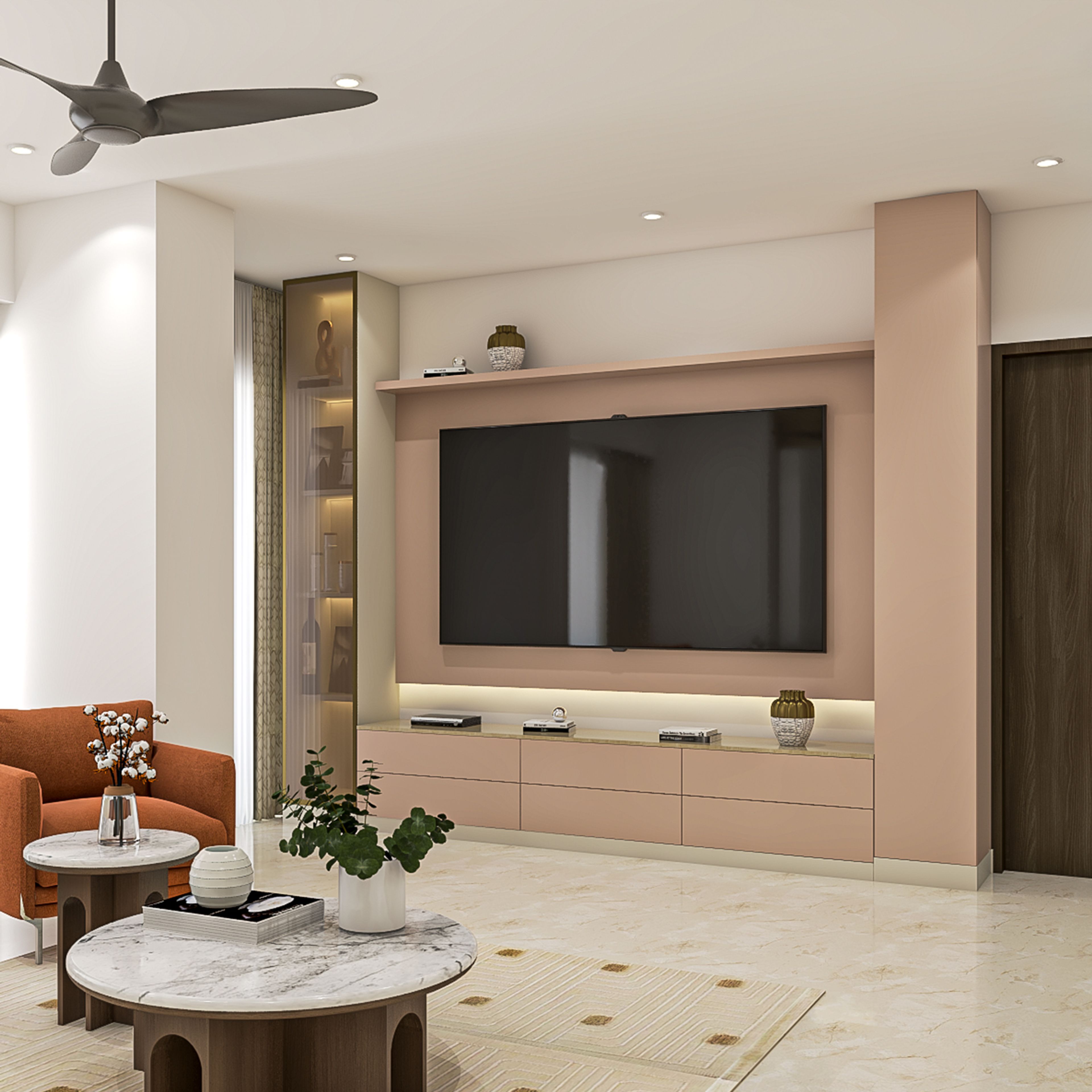 Contemporary Rose TV Unit Design with Feature Wall and Storage