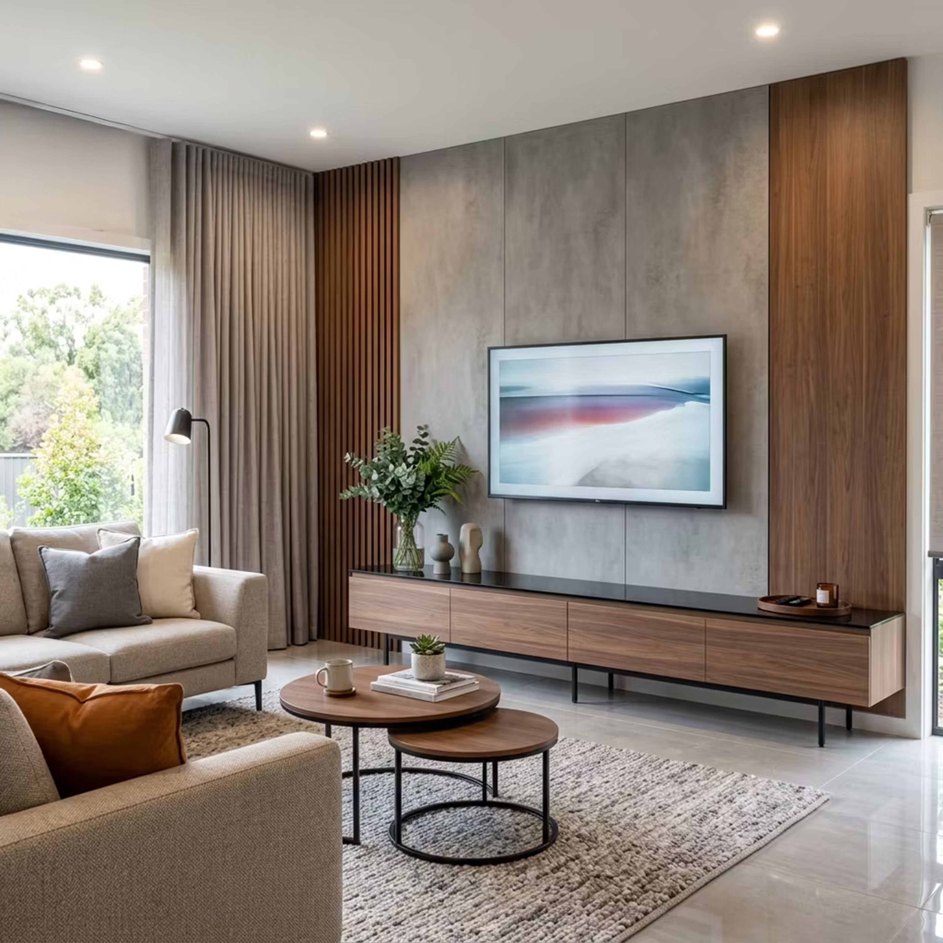 Modern TV Unit Design with Concrete Panels and Slat Walls