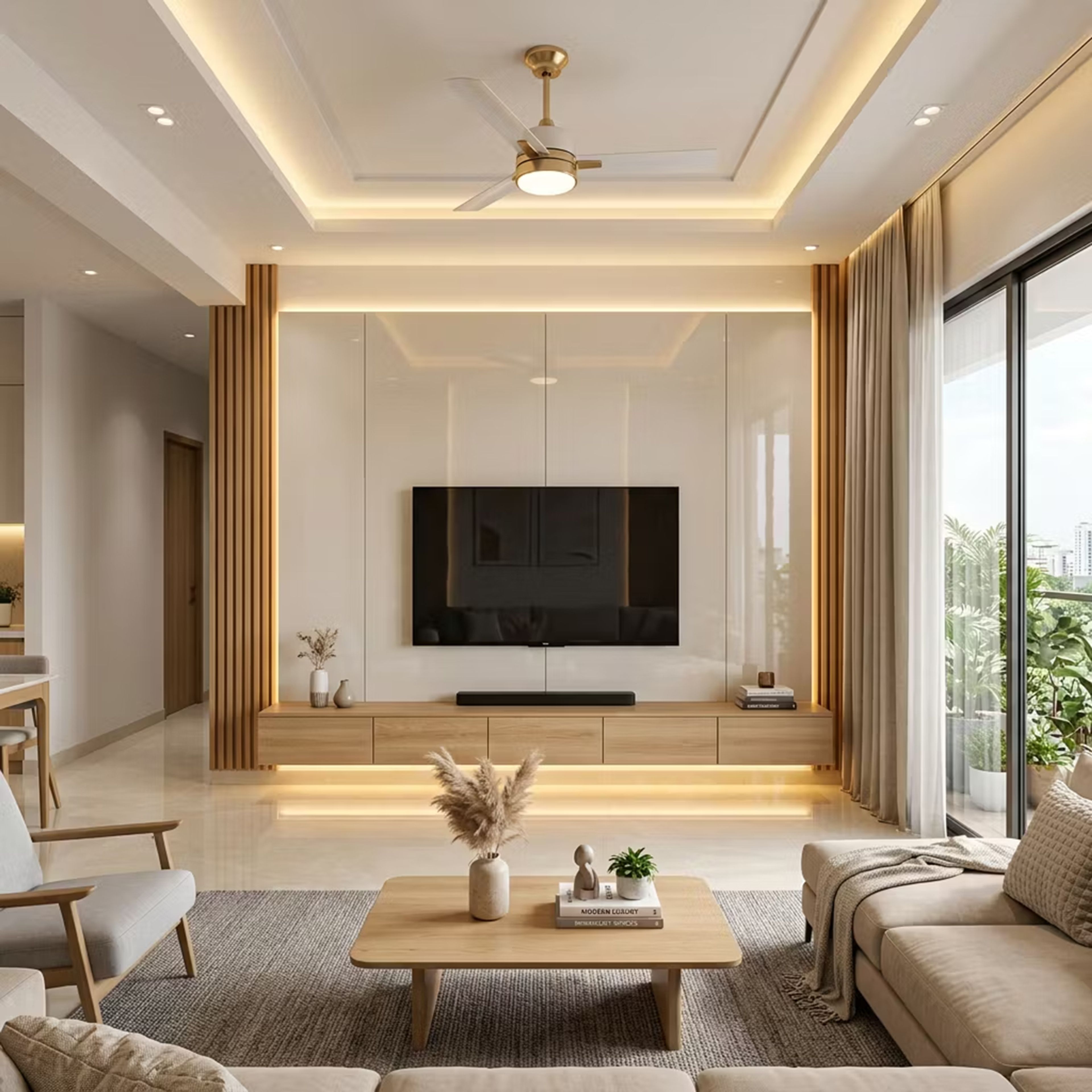 Painted Single Layer Gypsum Contemporary False Ceiling Design with Cove and Spot Lights
