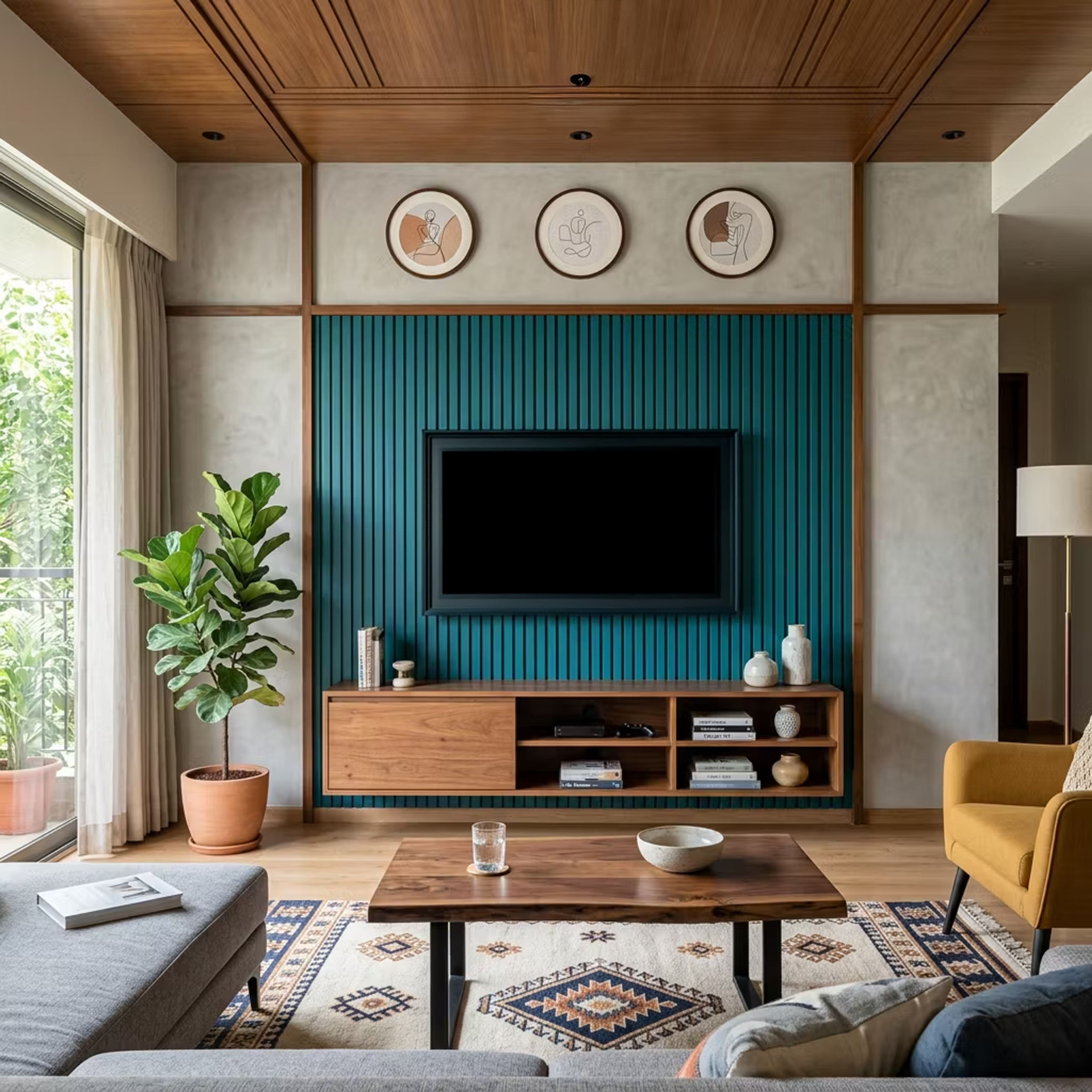 Single Layer Mid-Century Modern False Ceiling Design with Rectangular Wood Finish