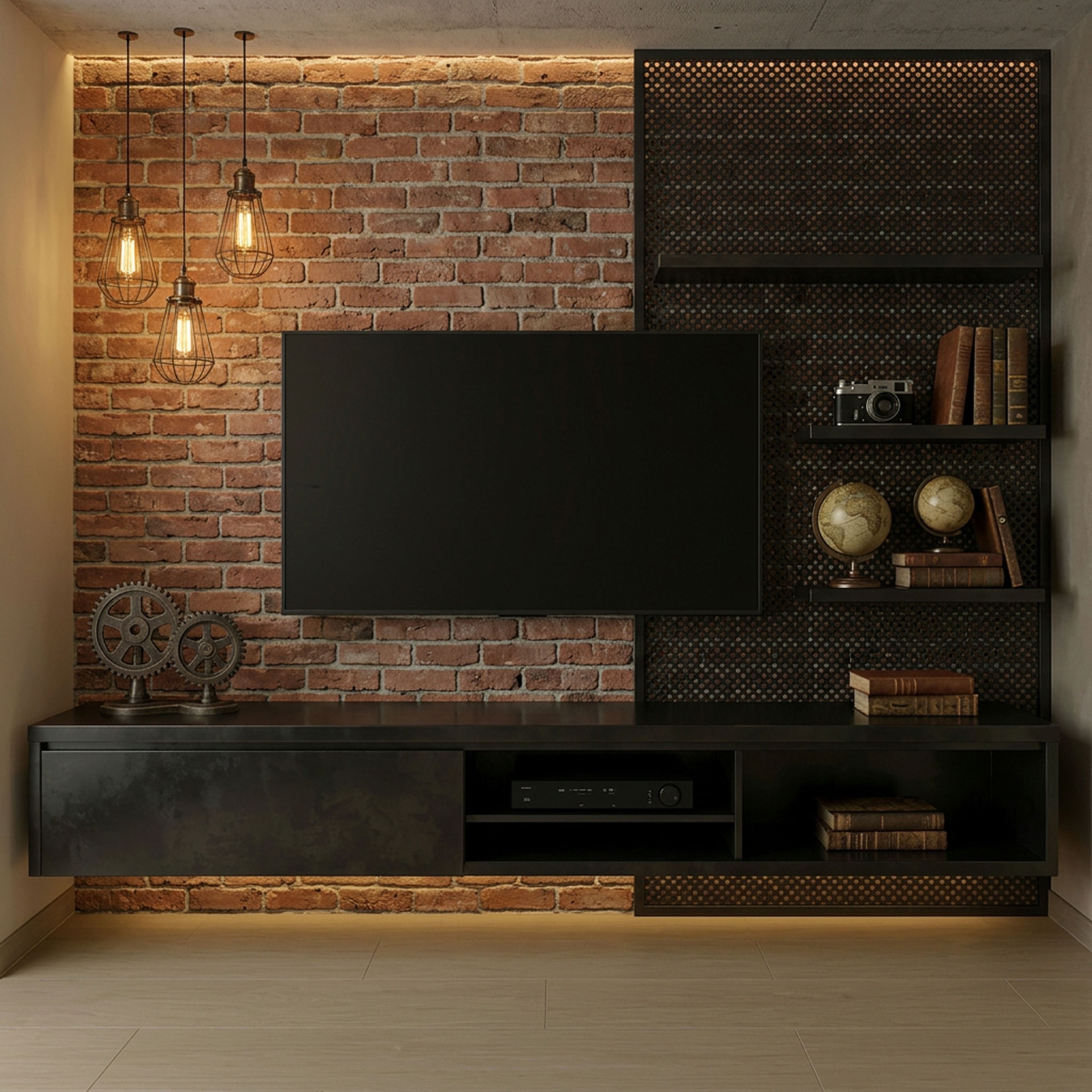 Black Living Room TV Unit Design with Industrial Storage and Open Shelves
