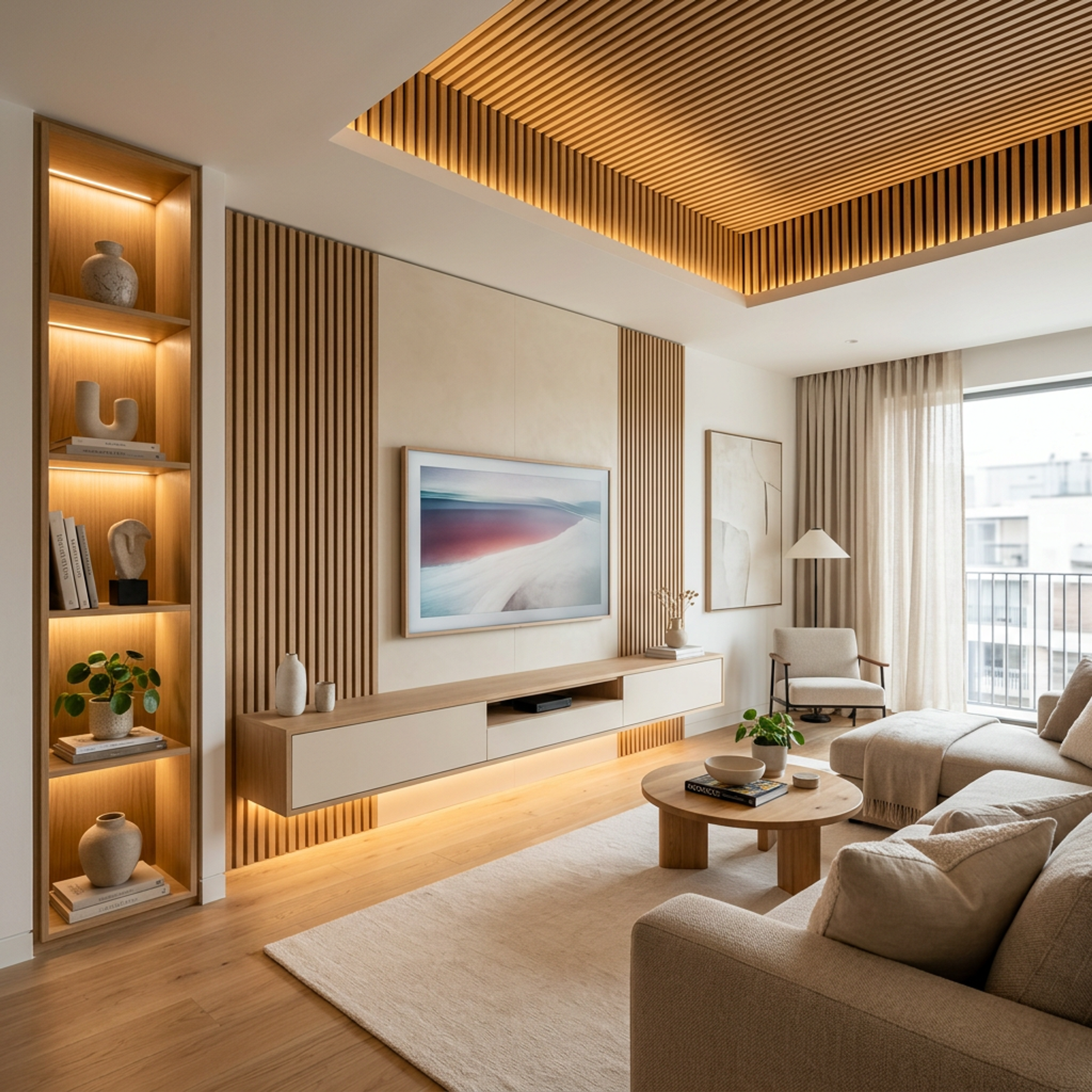 Modern White and Walnut TV Unit Design with Japandi Style and Fluted Wood