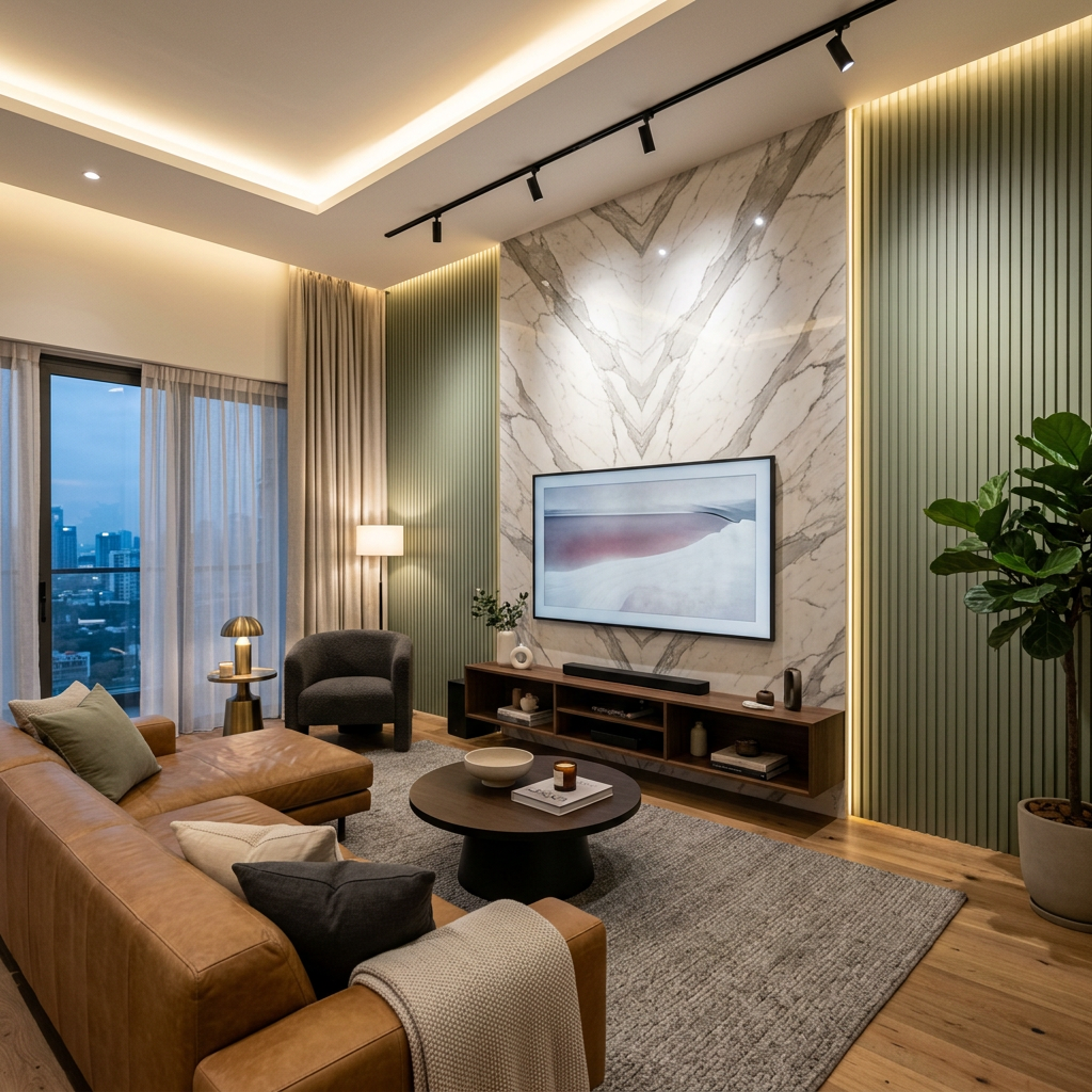 Contemporary TV Unit Design with Bookmatched White Marble Backdrop Finish