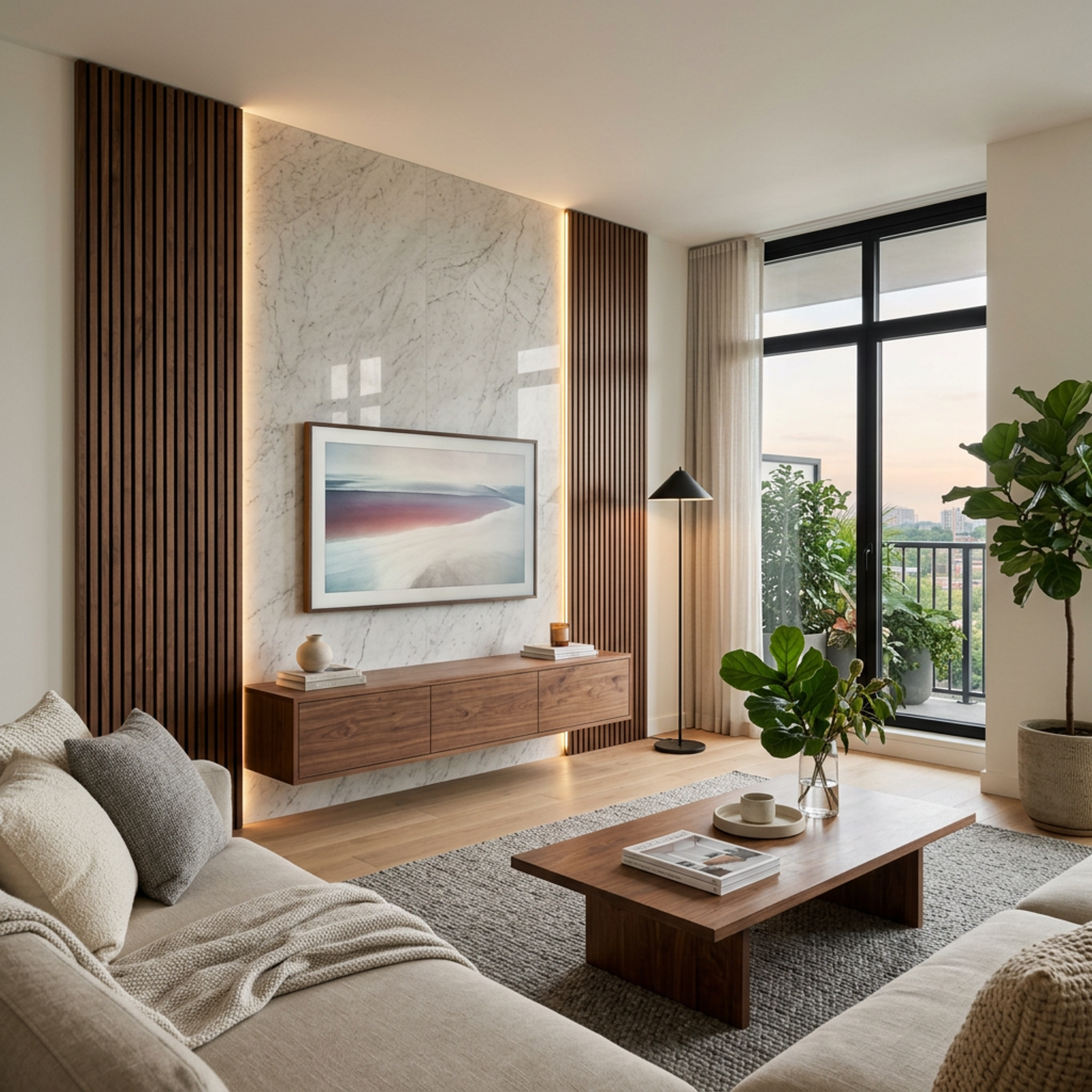 Contemporary Walnut Bronze TV Unit Design with Veined White Marble Slab Backdrop
