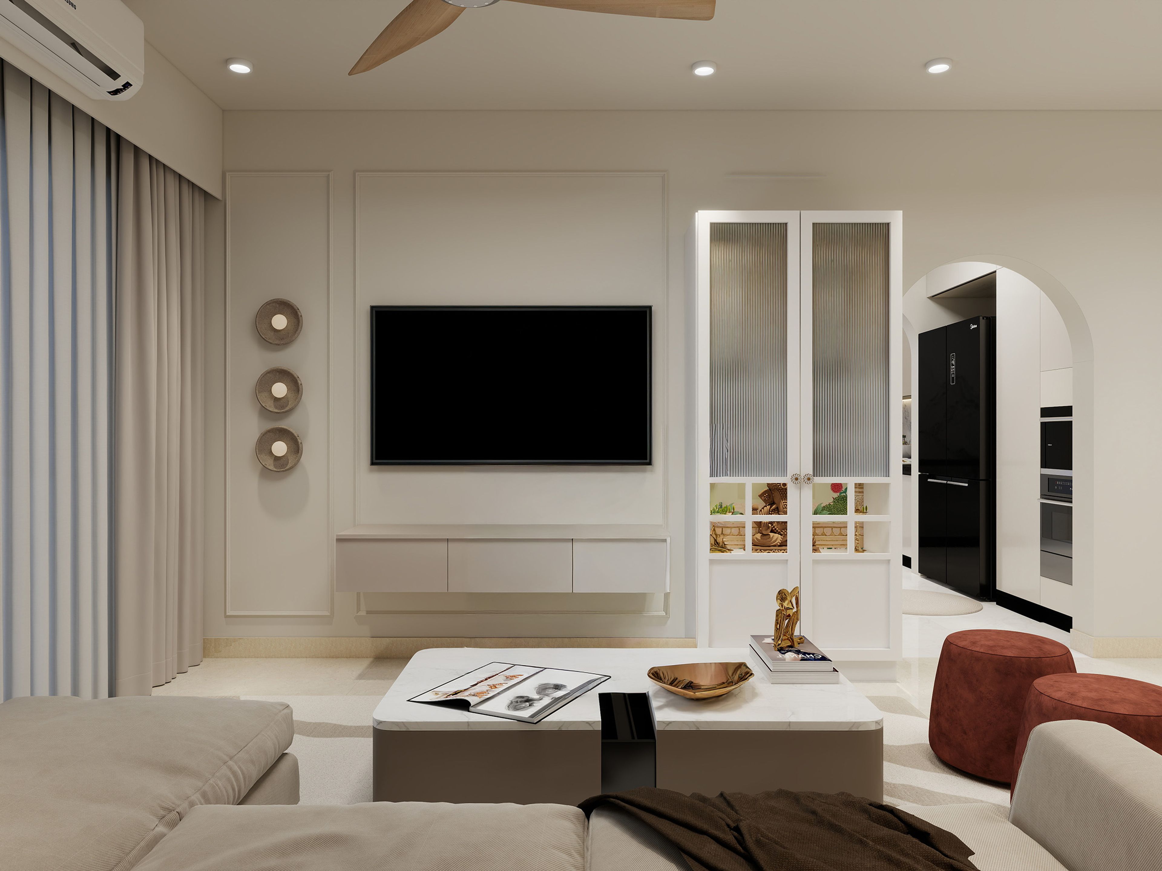 Contemporary TV Unit Design with Fluted Glass Cabinet and Champagne Console