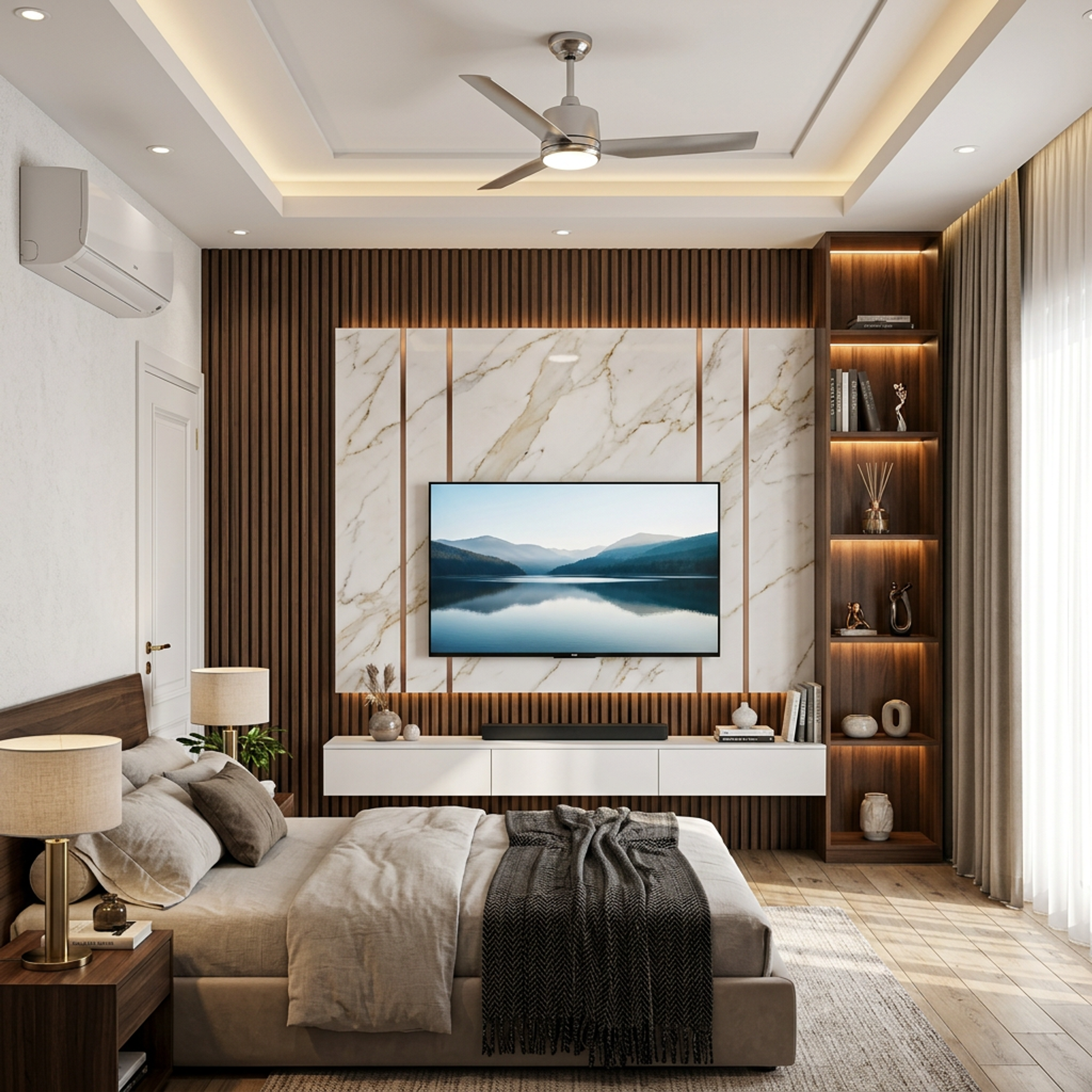 Contemporary Walnut Bronze TV Unit Design with White Floating Media Console