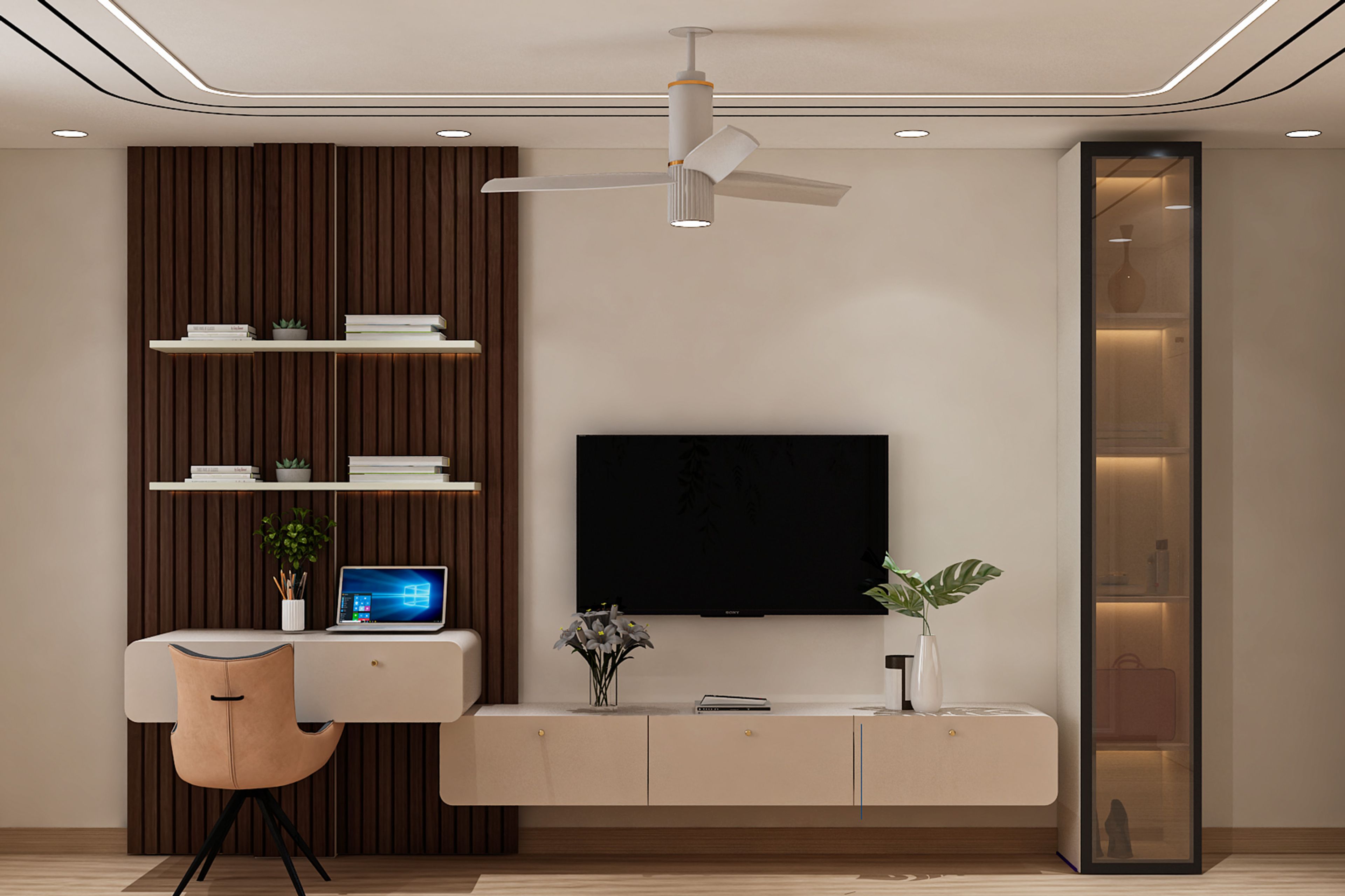 Modern Cream TV Unit Design with Floating Console and Glass Display Cabinet