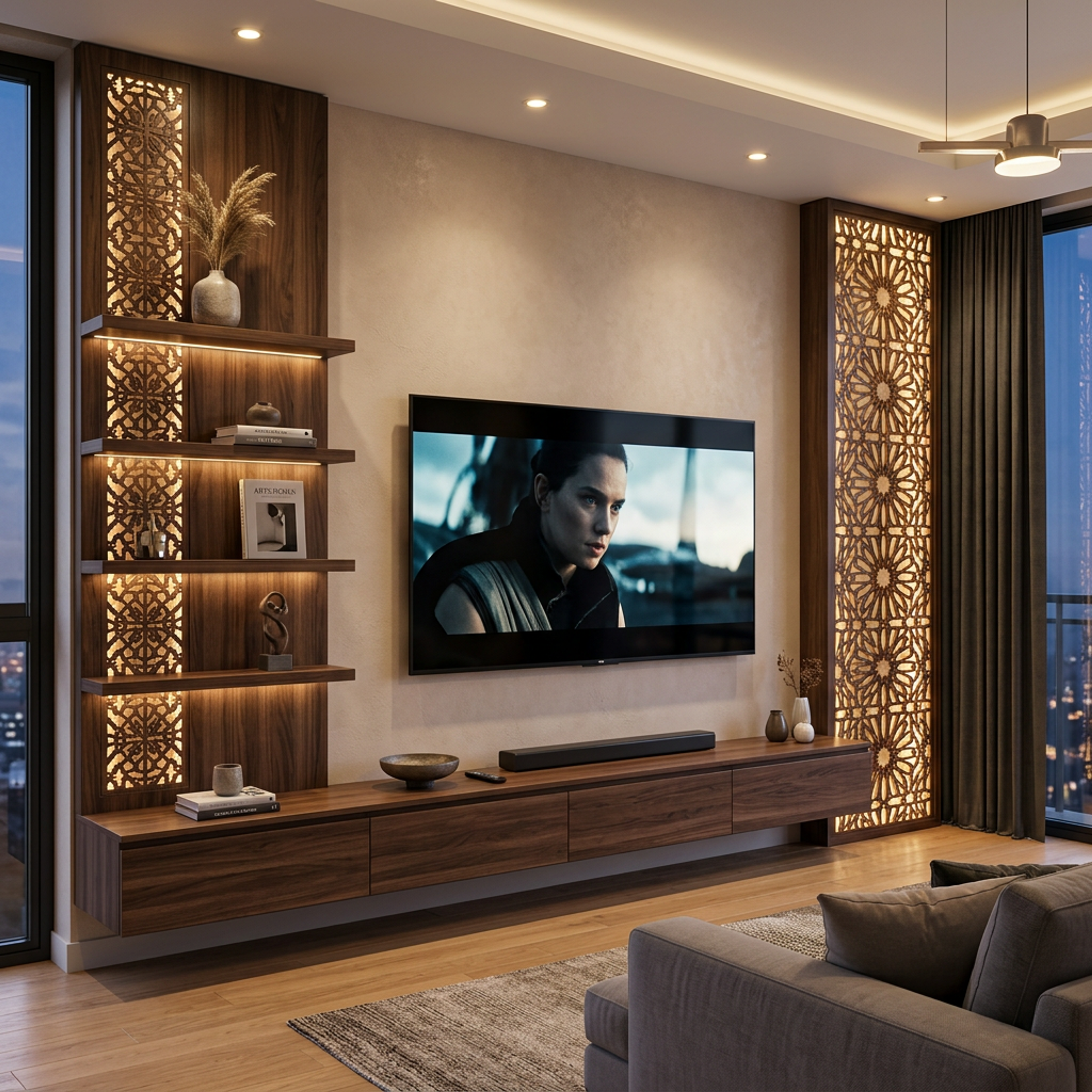 Contemporary TV Unit Design with Backlit Moroccan Style Decorative Screens